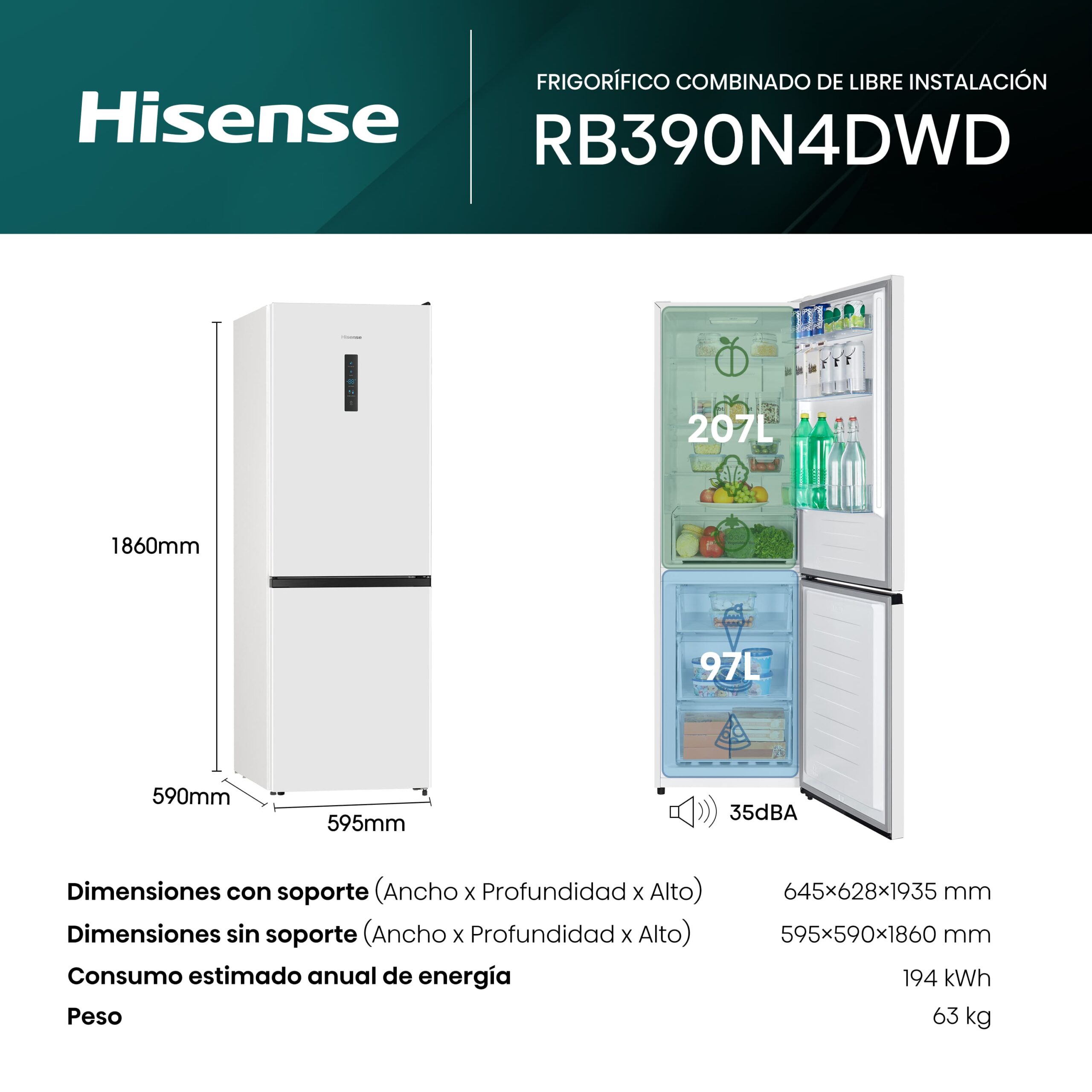 Hisense - RB390N4DWD – Frigorífico Combi 2 Puertas, Clase D , 304L, Blanco