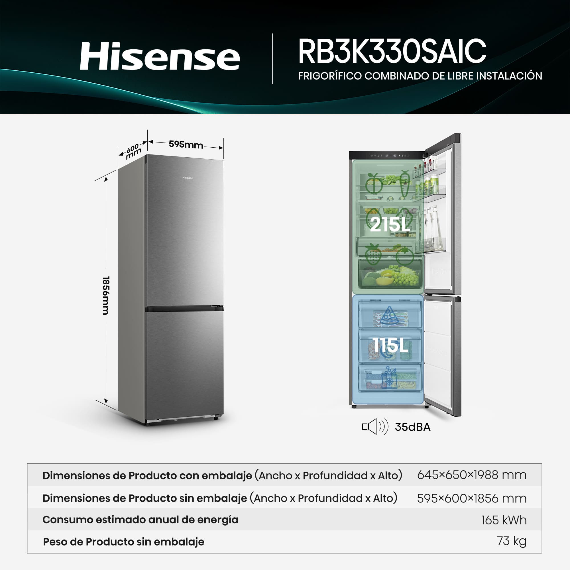 Hisense - RB3K330SAIC – Frigorífico Combi 2 Puertas, Clase C, Capacidad 330L, Color Inox