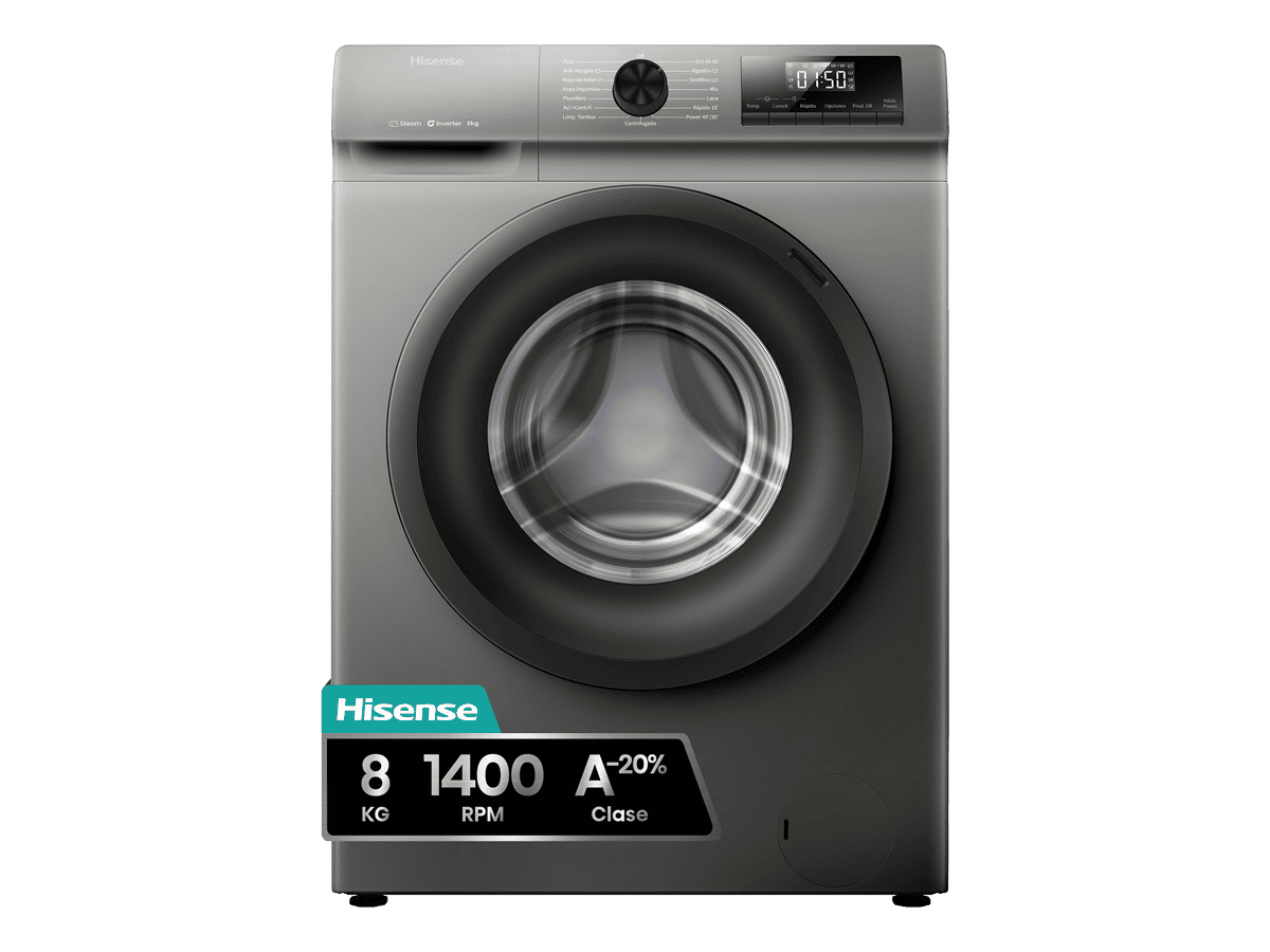 Hisense - WF1Q8041BT – Lavadora De Libre Instalación, Clase A, Capacidad 8 Kg , 1400 rpm, Color Gris, , 