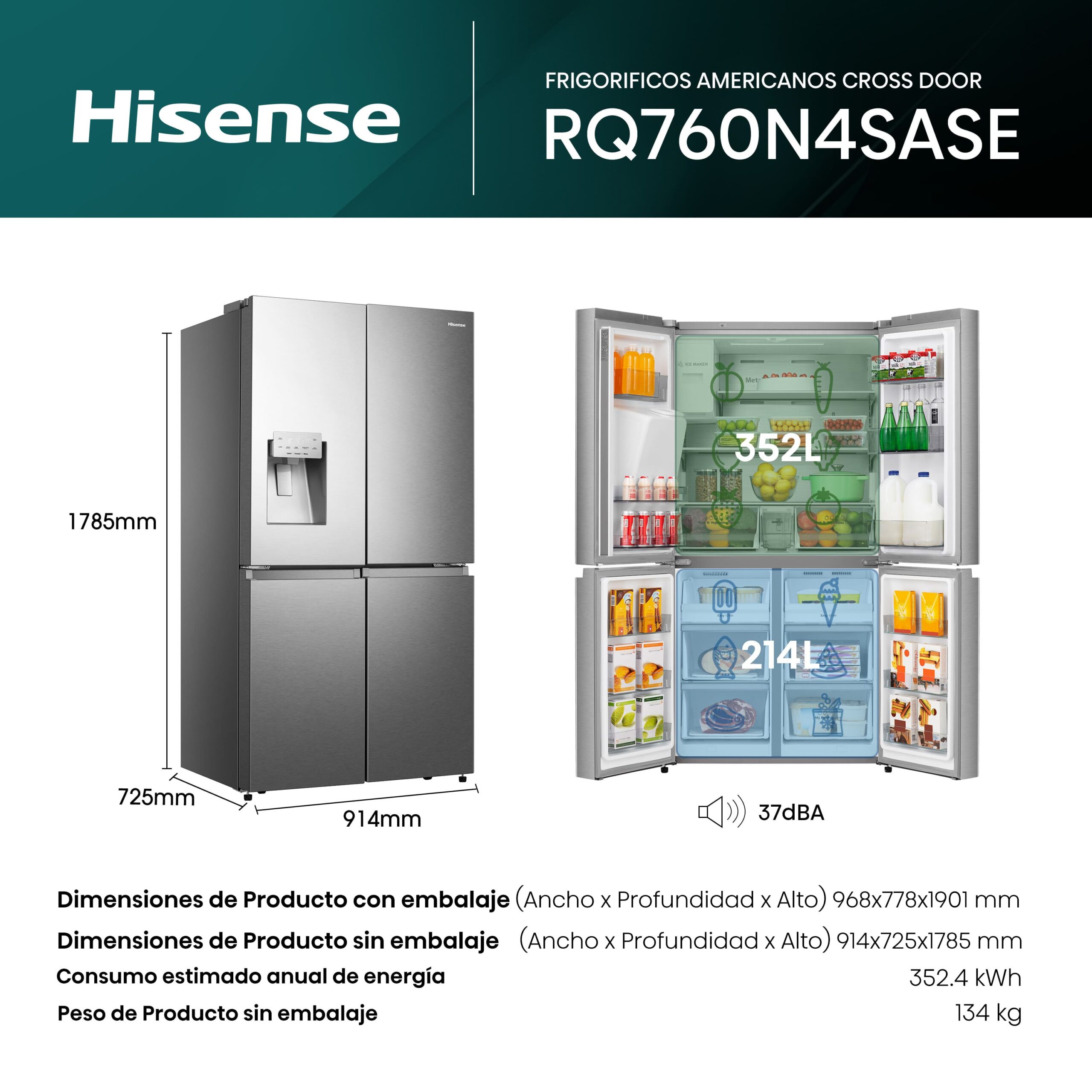 Hisense - RQ760N4SASE – Frigorífico Americano 4 Puertas De Libre Instalación, Clase E, Capacidad 584L, Color Inox