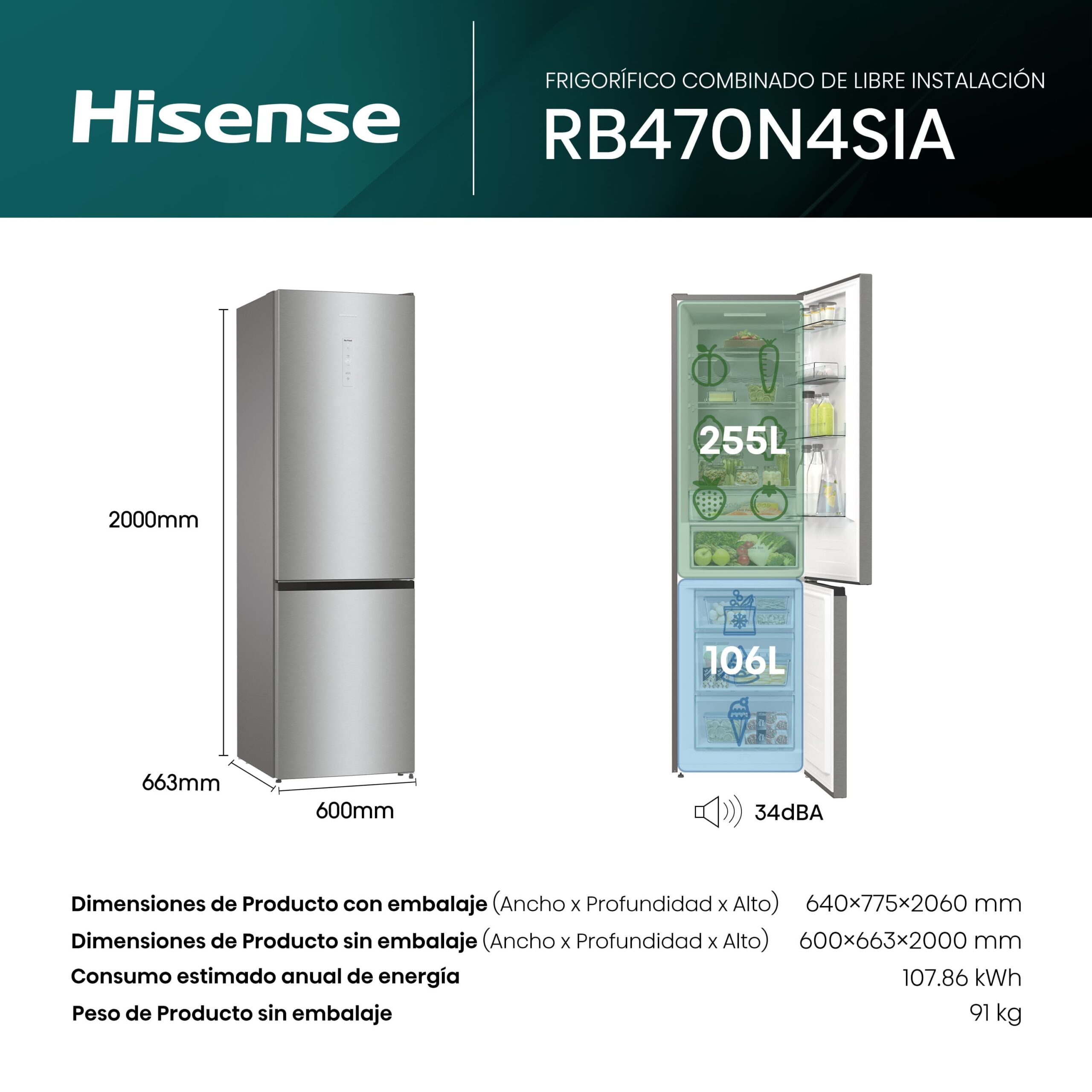 Hisense - RB470N4SIA – Frigorífico Combi 2 Puertas, Clase A , Capacidad 361L, Color Inox