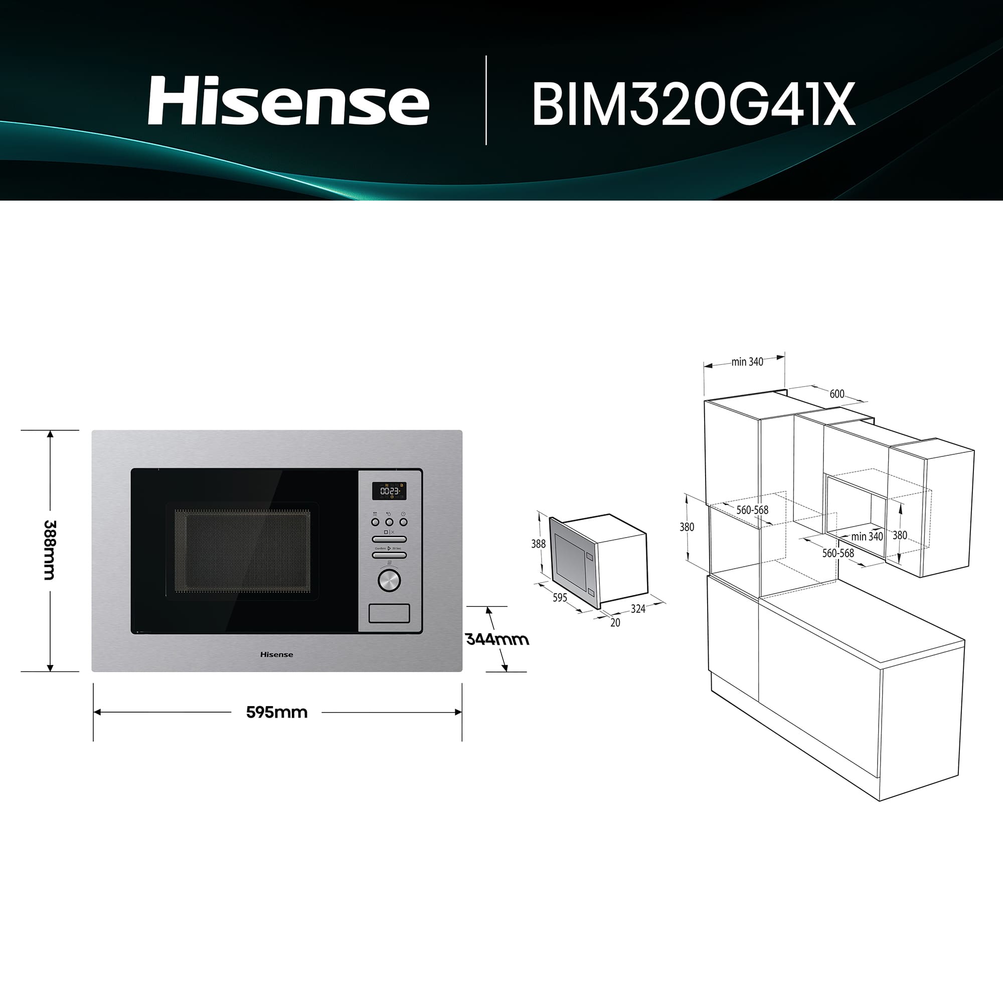 Hisense - BIM320G41X – Microondas Integrable, Capacidad 20L, Color Inox