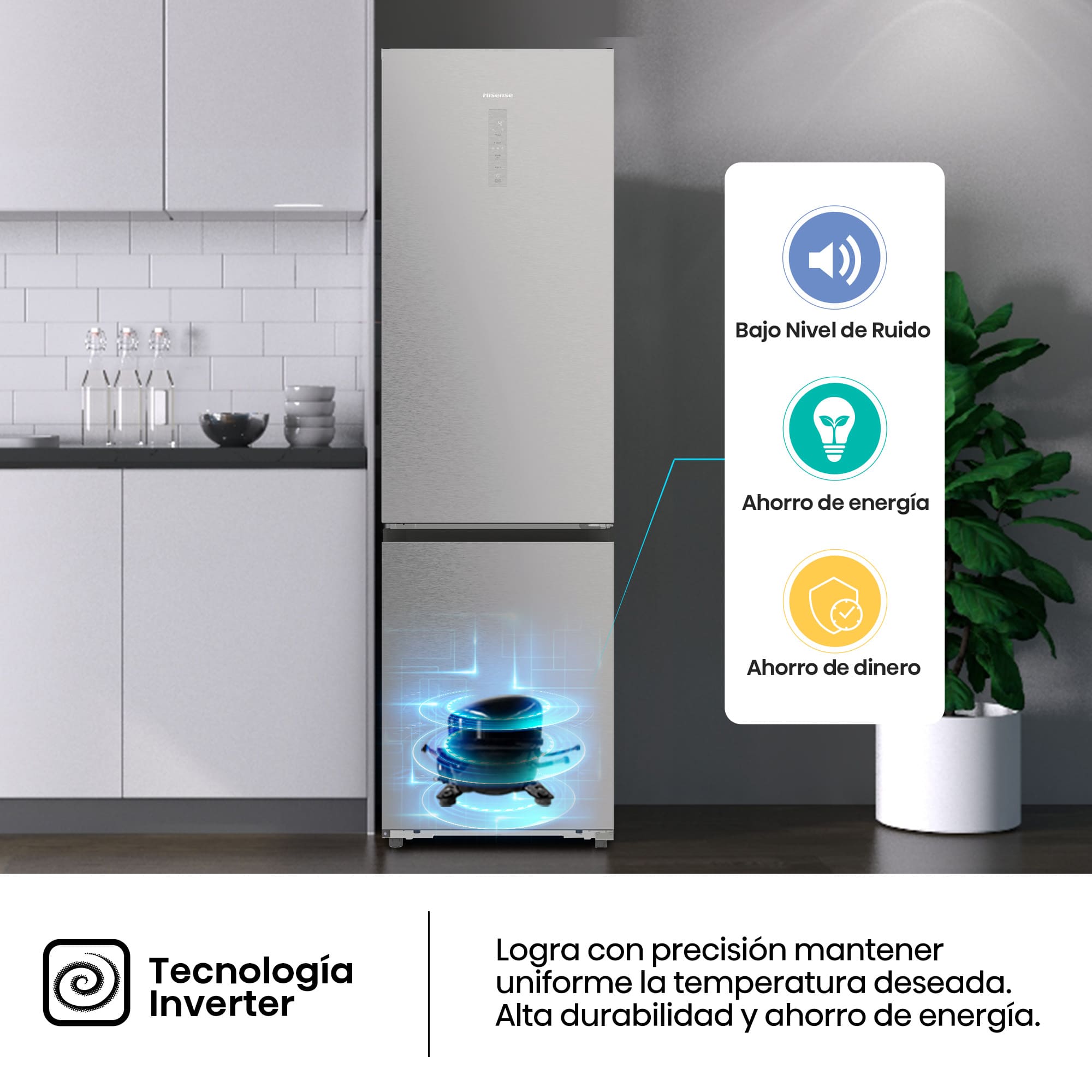 Hisense - RB5P410SACC – Frigorífico Combi 2 Puertas, Clase C, Capacidad 413L, Color inox