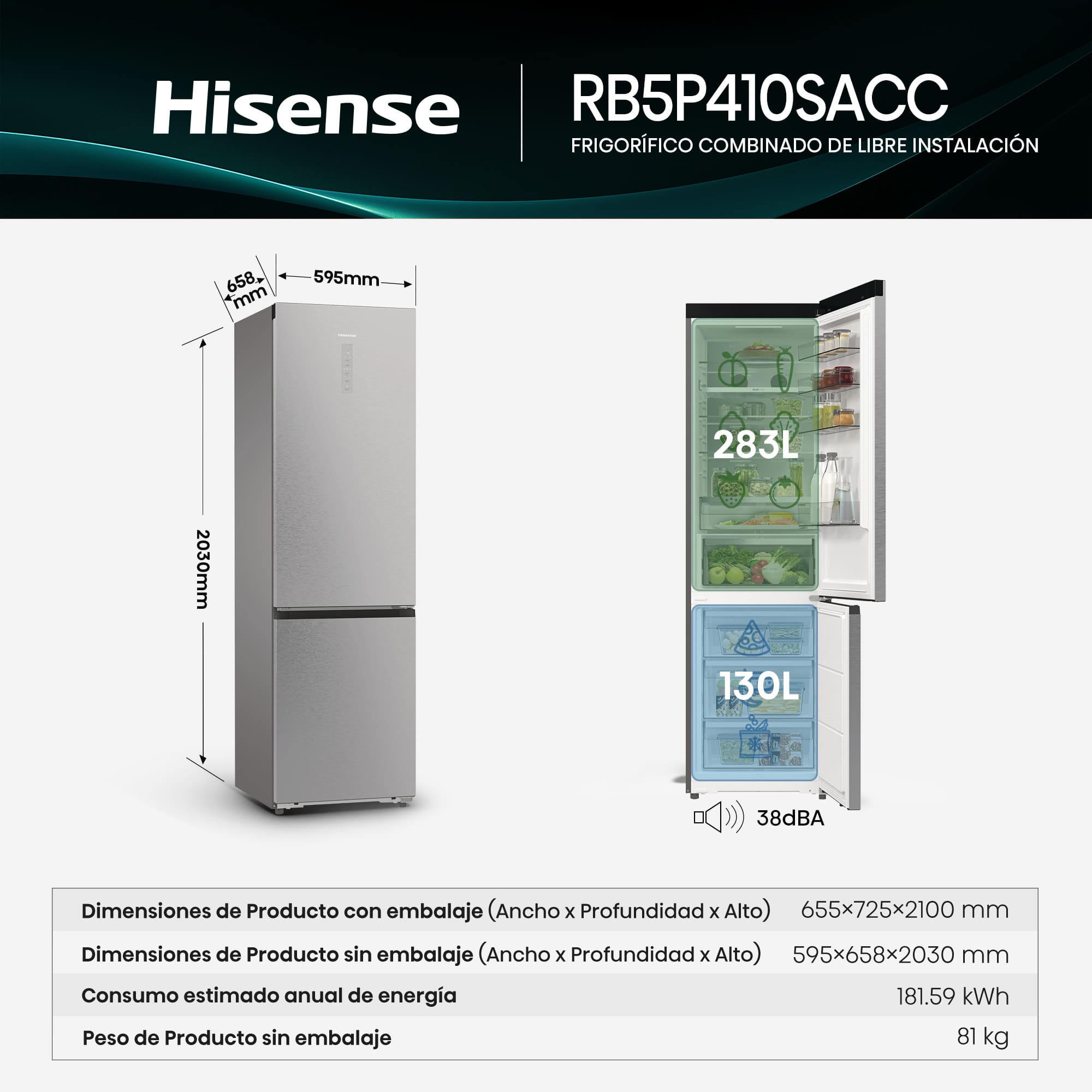 Hisense - RB5P410SACC – Frigorífico Combi 2 Puertas, Clase C, Capacidad 413L, Color inox