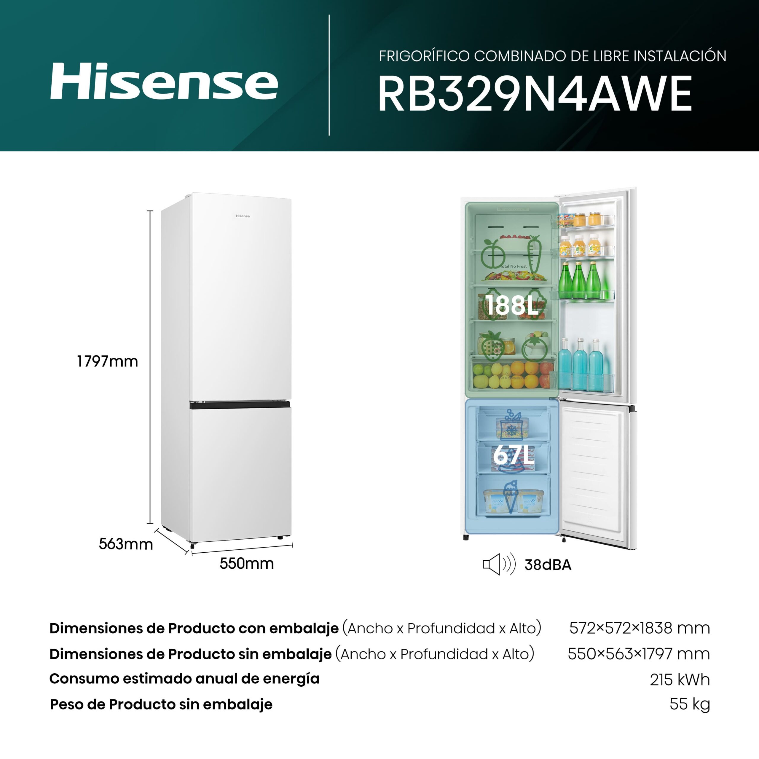 Hisense - RB329N4AWE – Frigorífico Combi 2 Puertas, Clase E , Capacidad 255L, Color Blanco