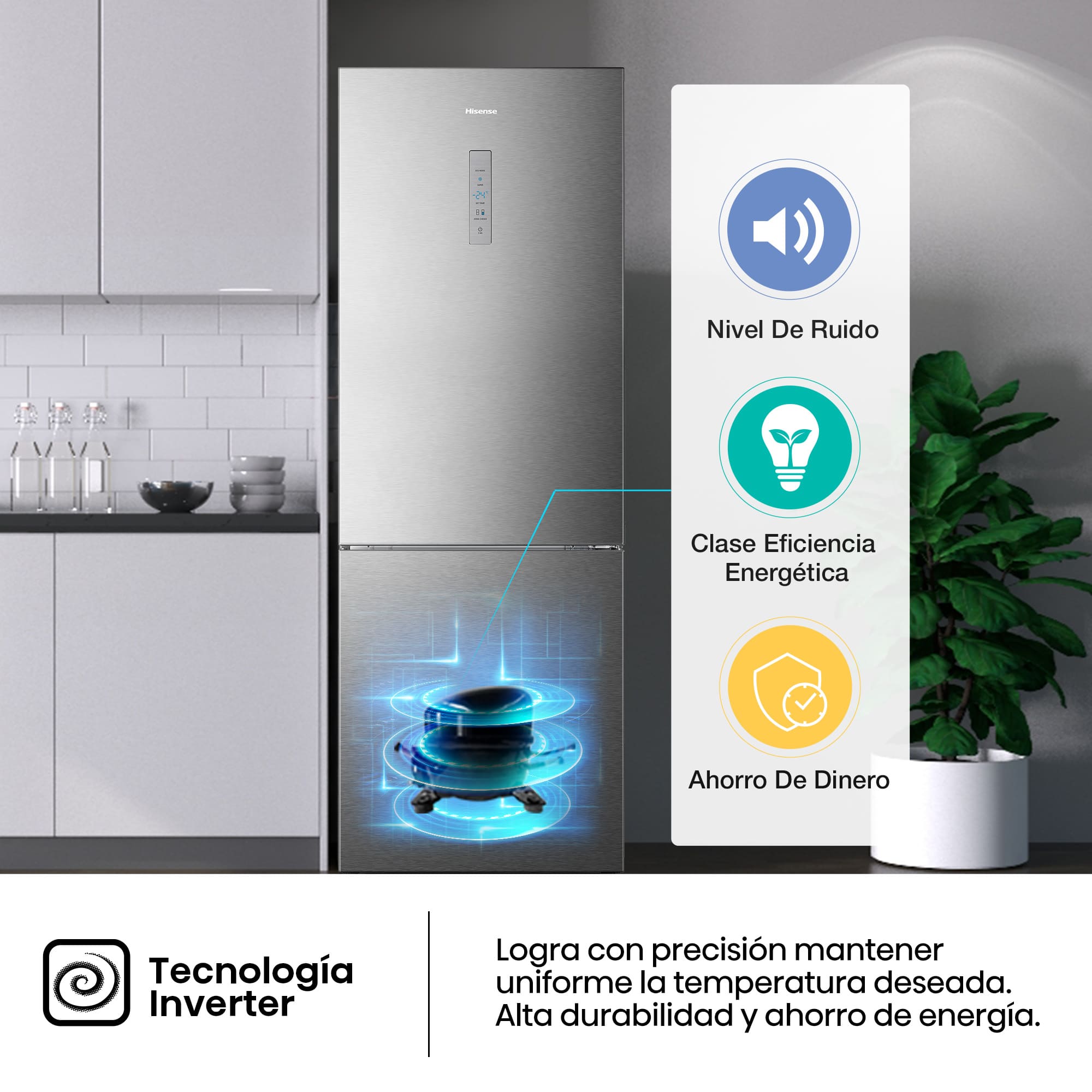 Hisense - RB645N4BIC – Frigorífico Combi 2 Puertas, Clase C, Capacidad 495L, Color Inox