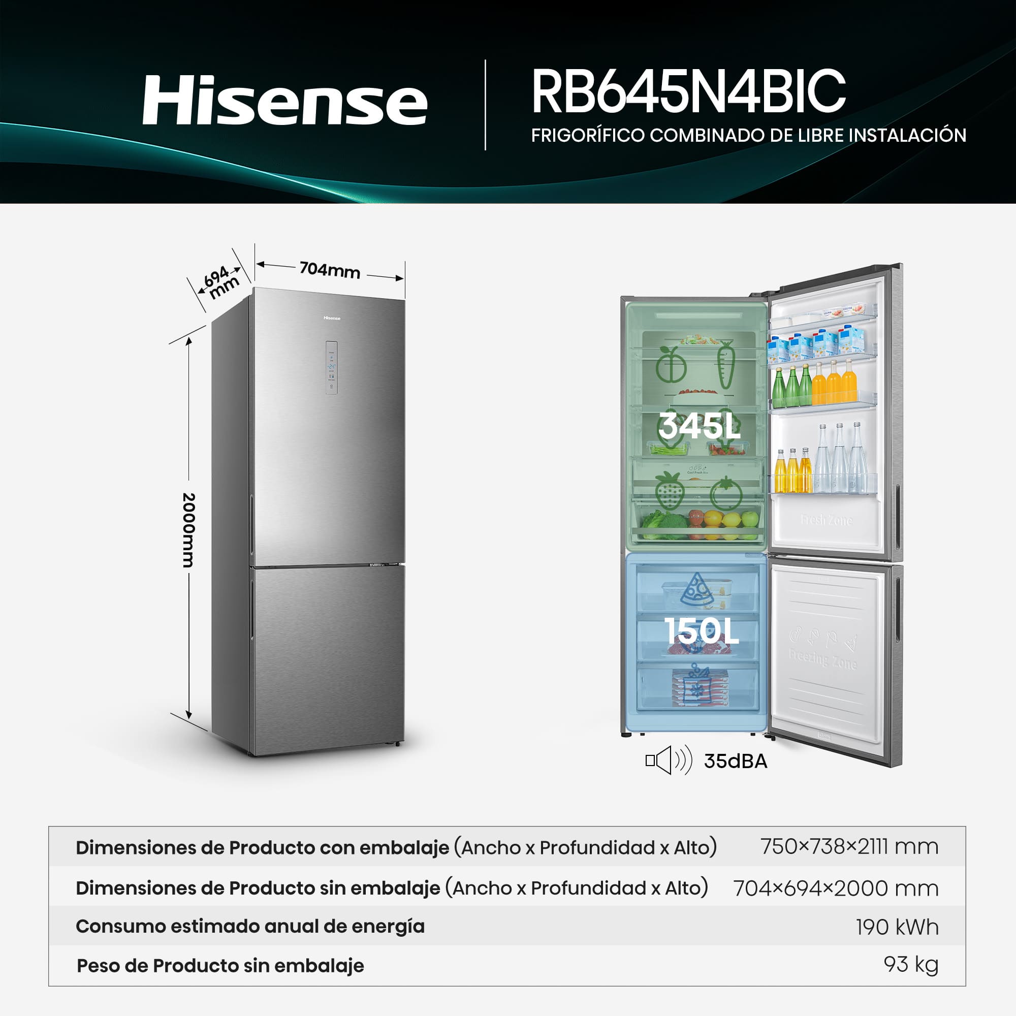 Hisense - RB645N4BIC – Frigorífico Combi 2 Puertas, Clase C, Capacidad 495L, Color Inox