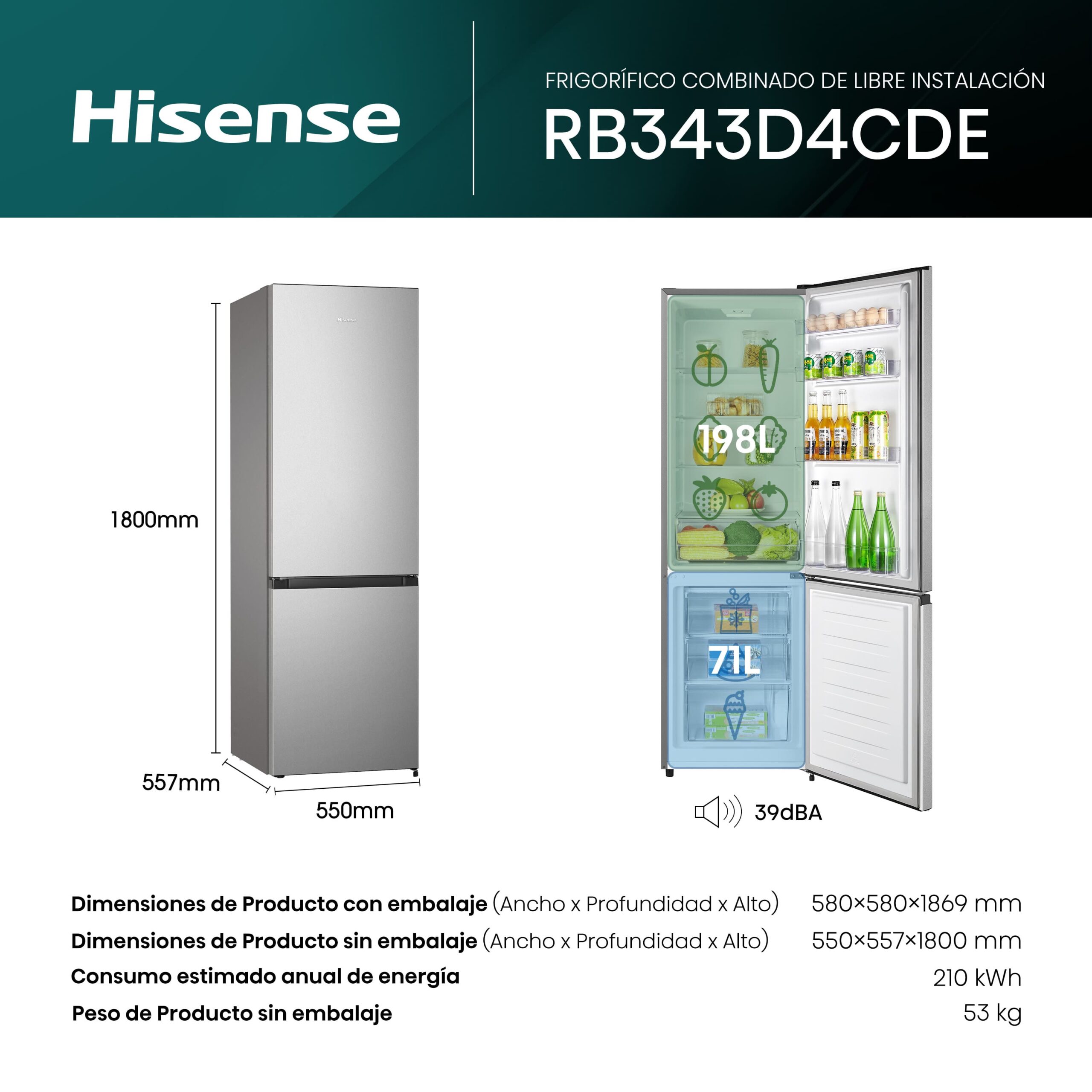 Hisense - RB343D4CDE – Frigorífico Combi 2 Puertas, Clase E , Capacidad 269L, Color Inox