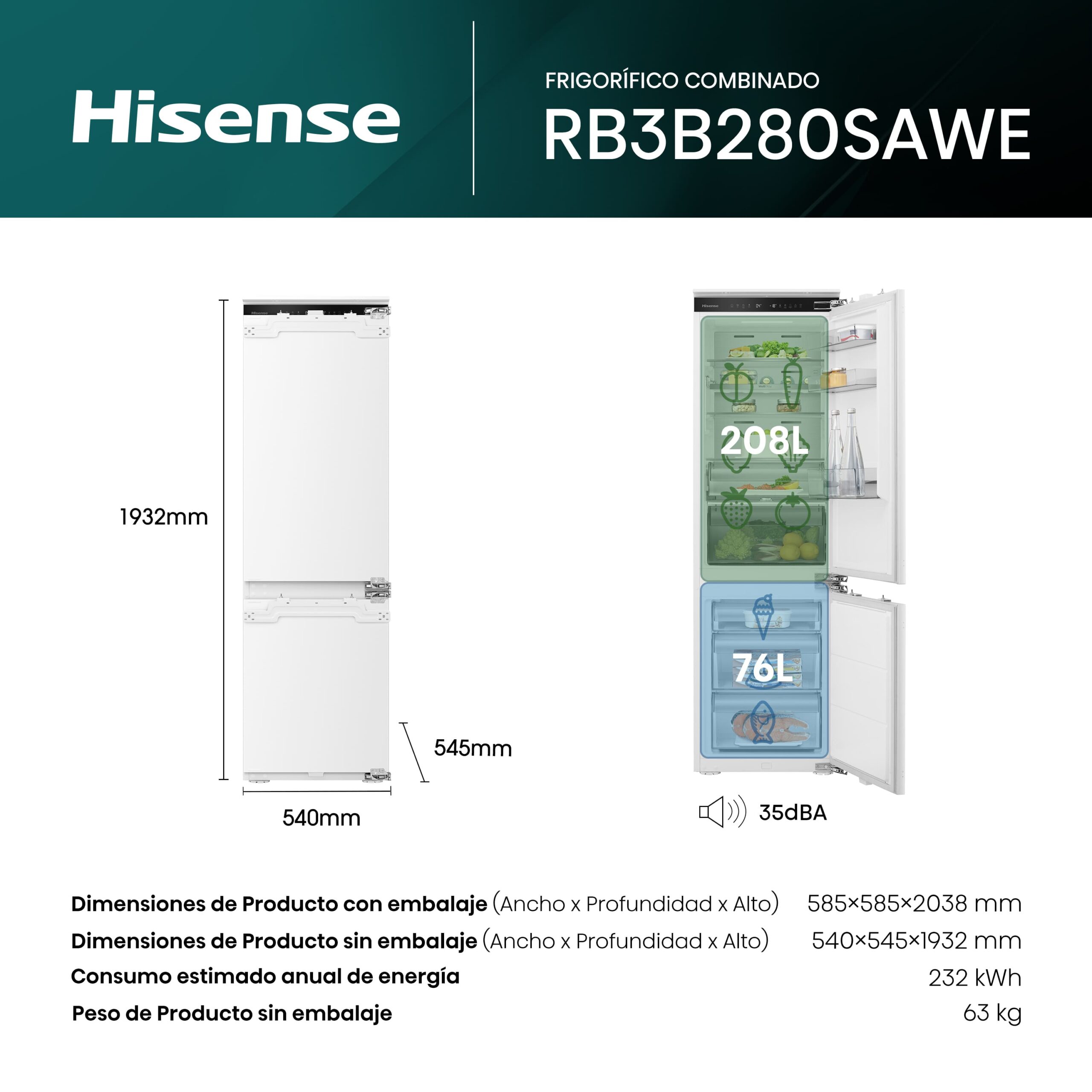 Hisense - RB3B280SAWE – Frigorífico Combi Integración Puerta Fija, Clase E , 284L, Blanco