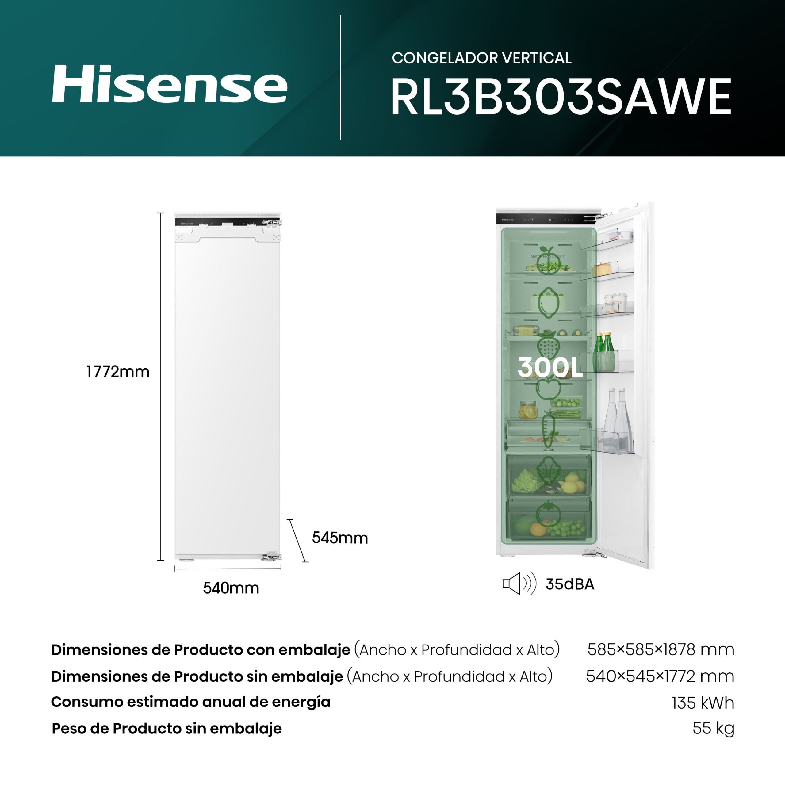 Hisense - RL3B303SAWE – Frigorífico 1 Puerta Integrable Puerta Fija, Clase E , 300L, Blanco