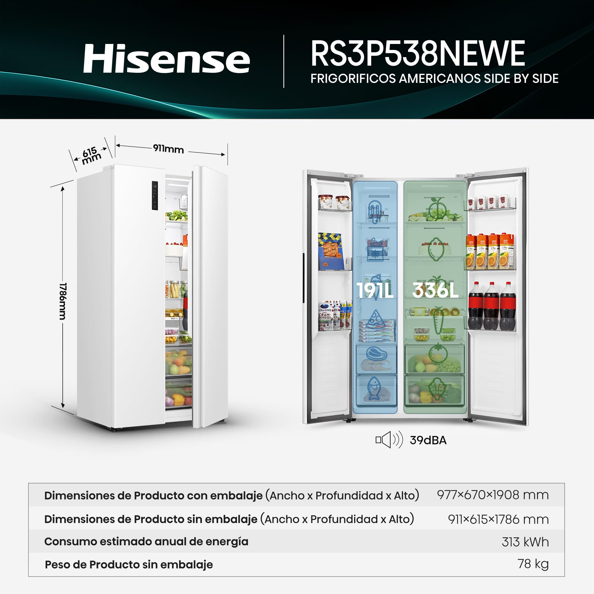 Hisense - RS3P538NEWE – Frigorífico Americano Side By Side, Clase E, Capacidad 534L, Color Blanco