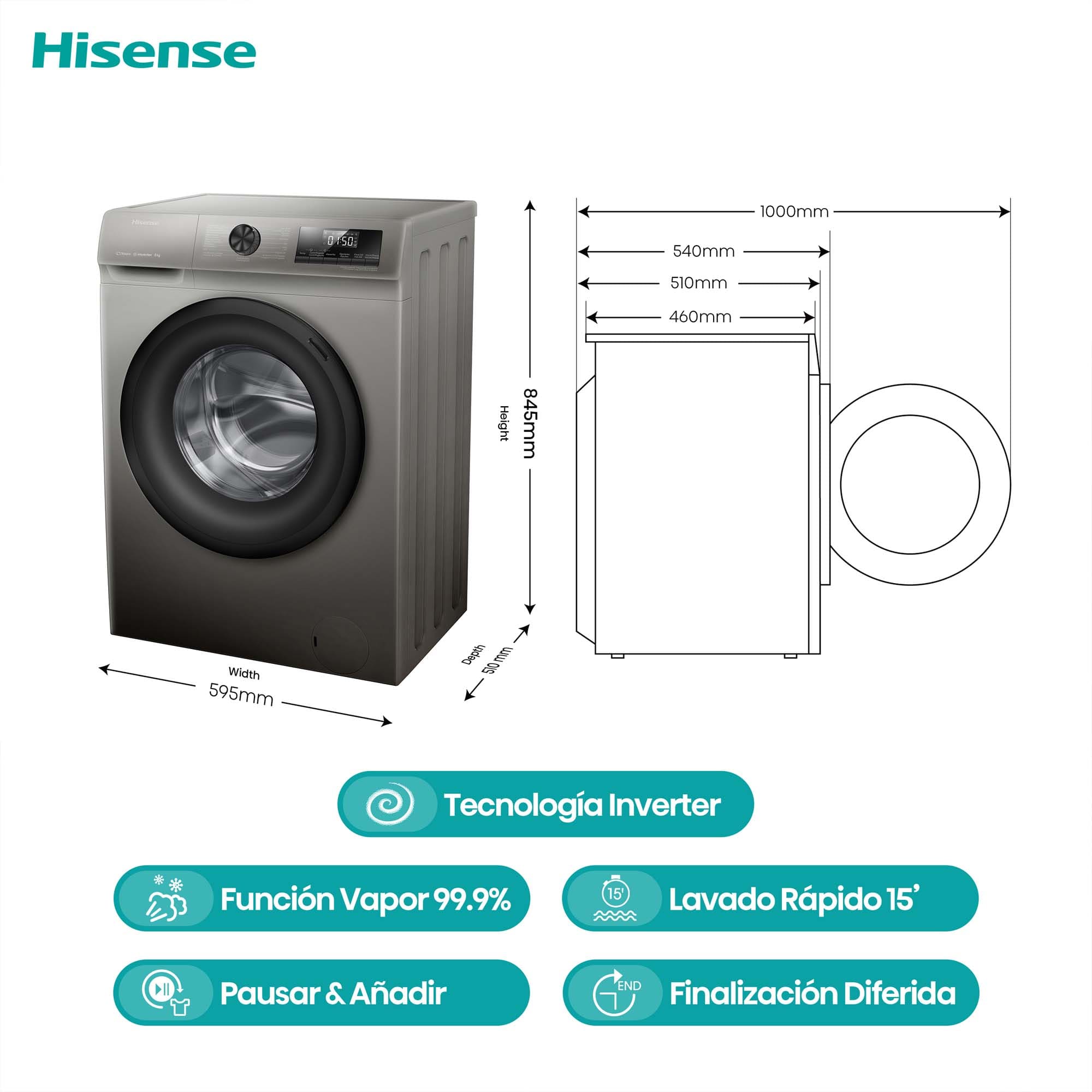 Hisense - WFQP8014EVMT – Lavadora, Clase A, 8 Kg, 1400 rpm, Gris