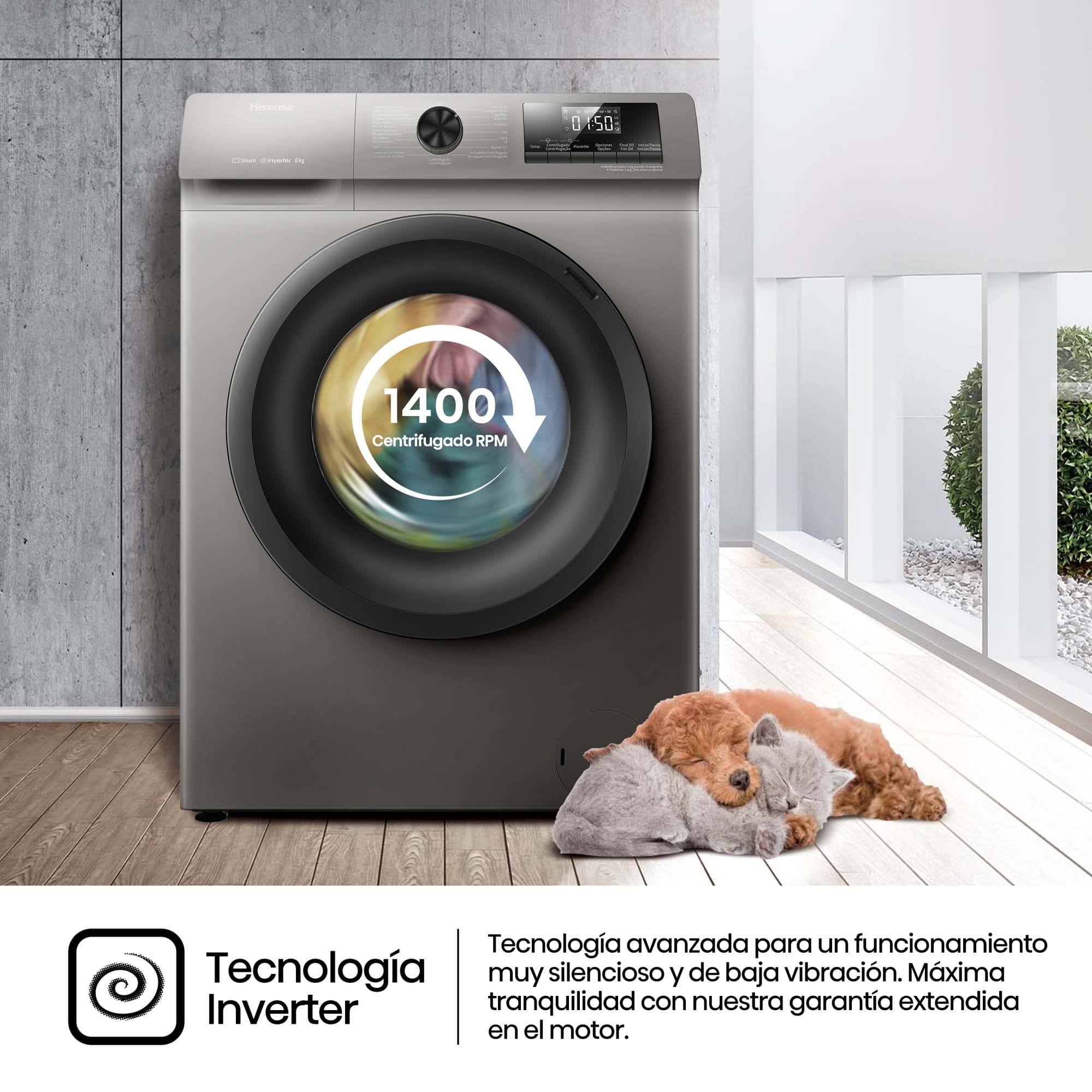 Hisense - WFQP8014EVMT – Lavadora, Clase A, 8 Kg, 1400 rpm, Gris