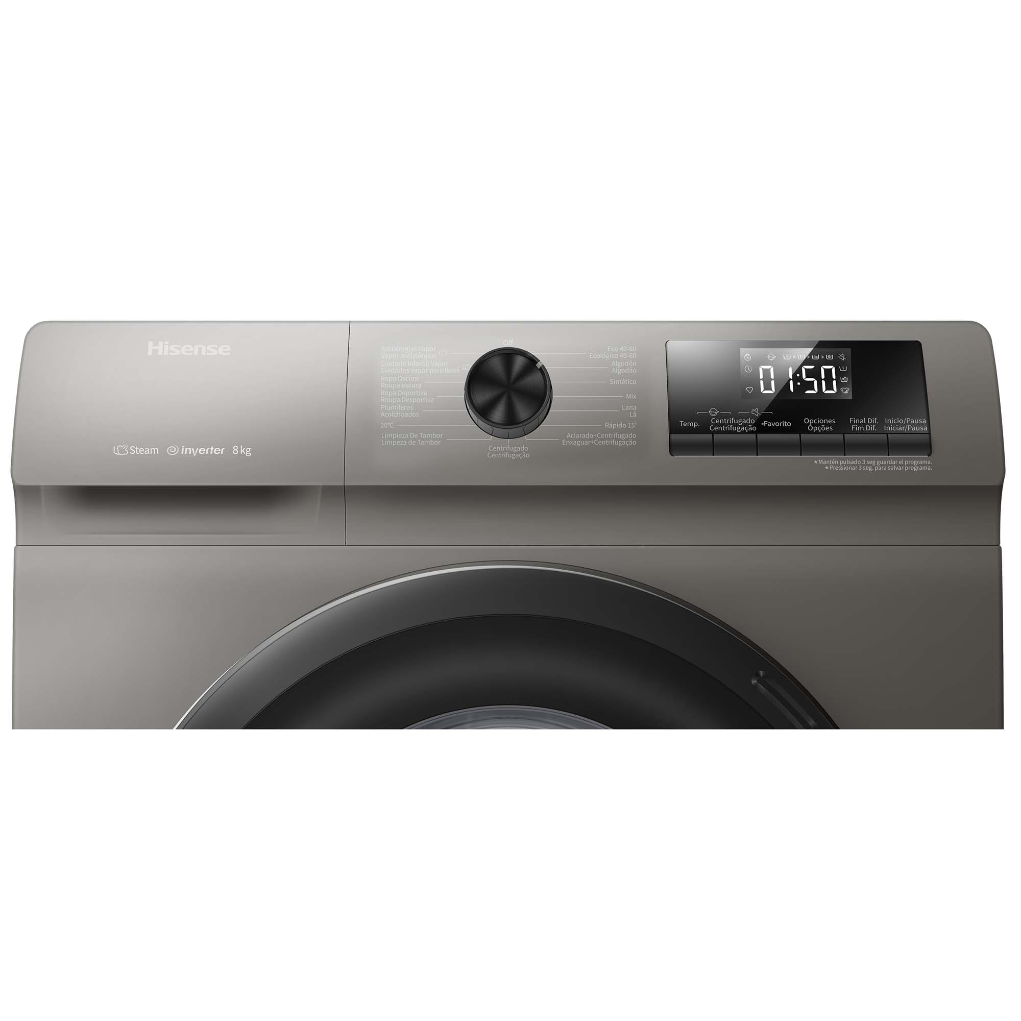 Hisense - WFQP8014EVMT – Lavadora, Clase A, 8 Kg, 1400 rpm, Gris