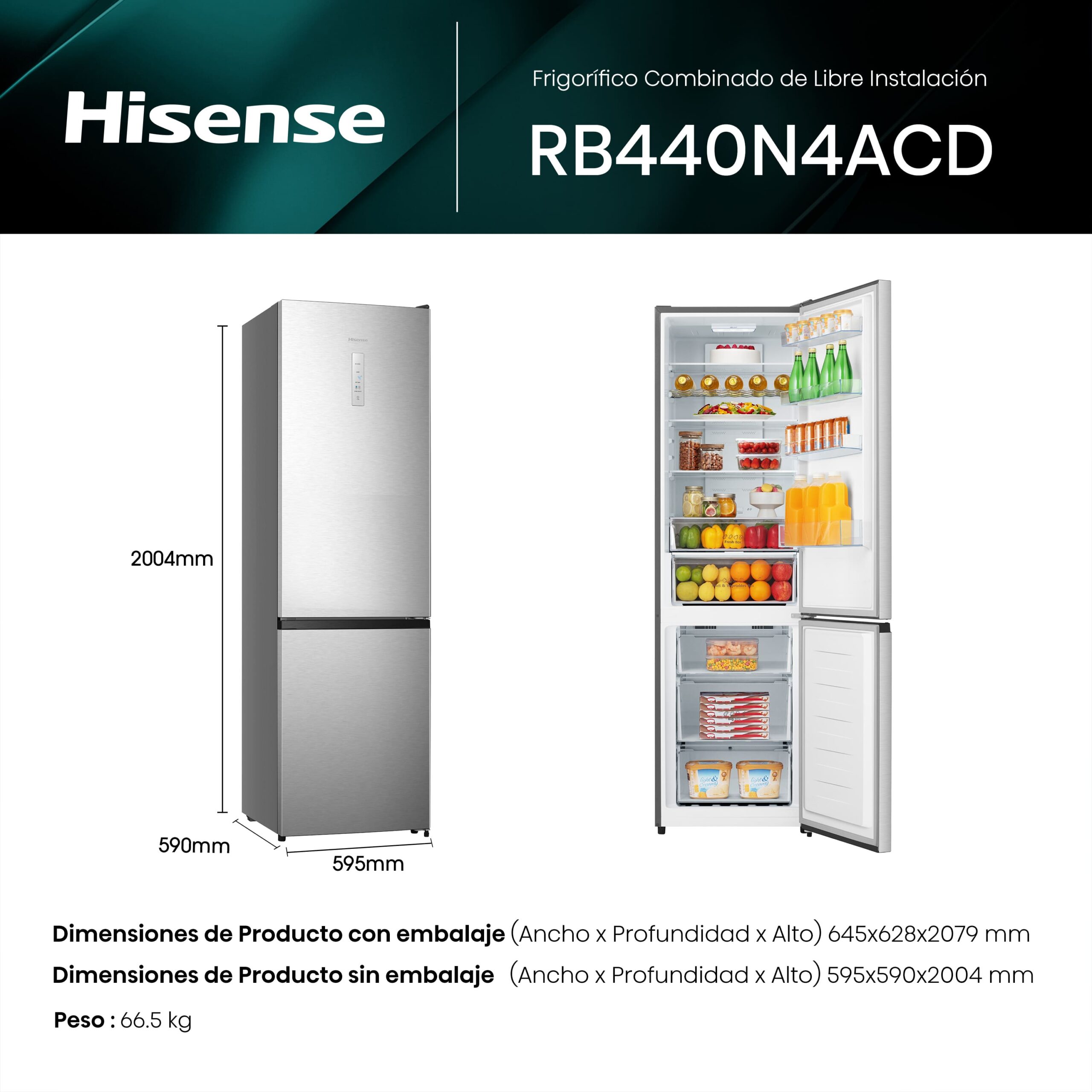 Hisense - RB440N4ACD – Frigorífico Combi 2 Puertas, Clase D , 336L, Inox