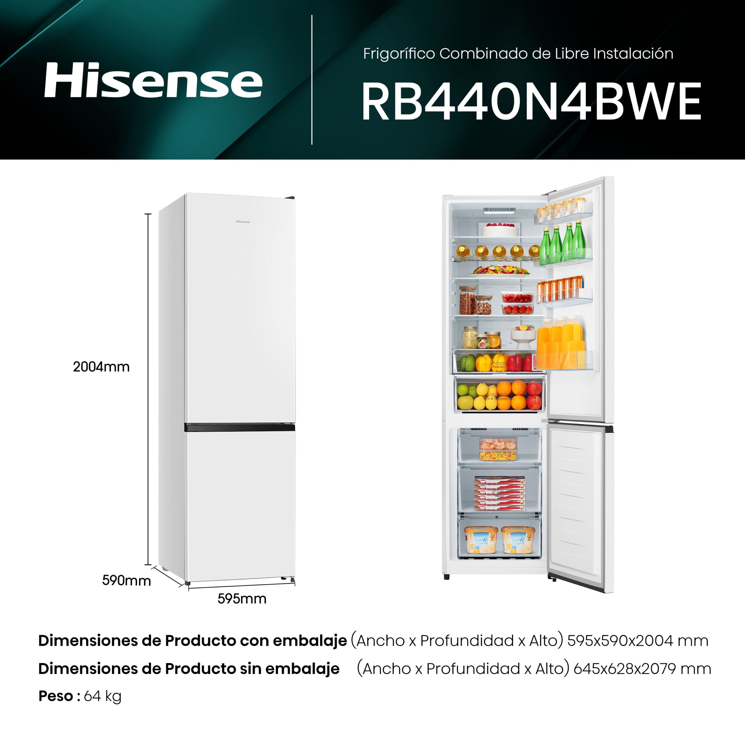 Hisense - RB440N4BWE – Frigorífico Combi 2 Puertas, Clase E , 336L, Blanco