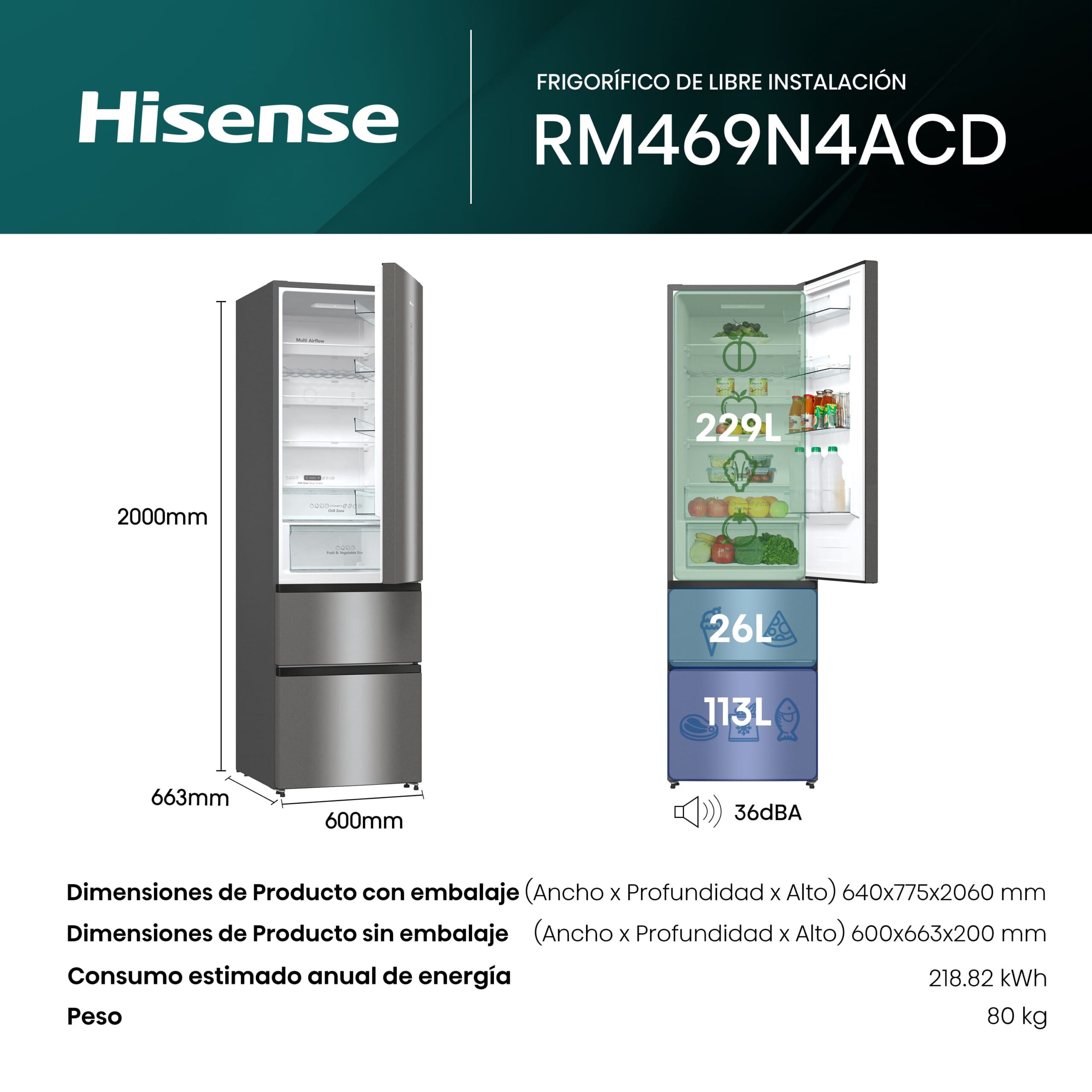 Hisense - RM469N4ACD – Frigorífico Combi 3 Puertas, Clase D , 368L, Inox