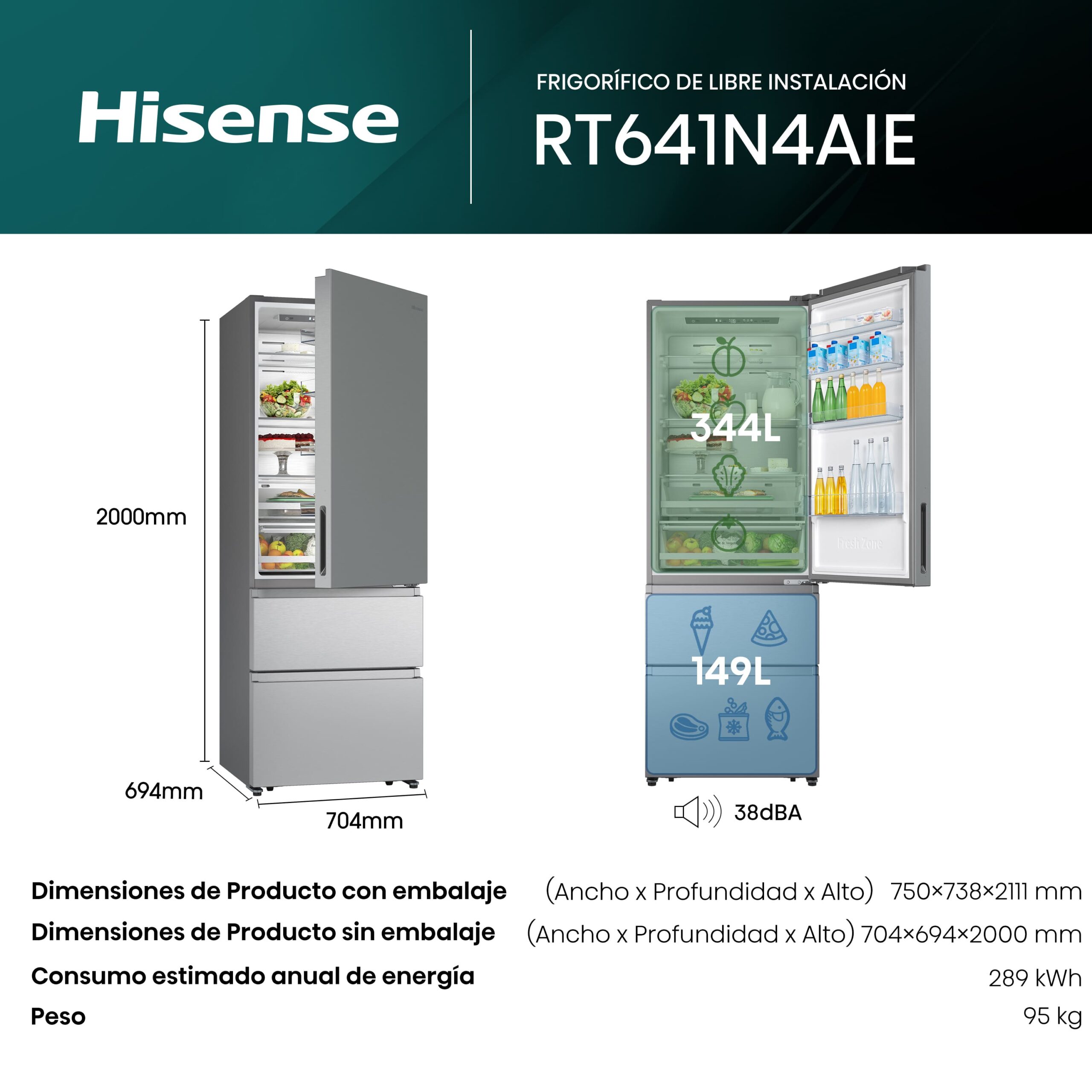 Hisense - RT641N4AIE – Frigorífico Combi 3 Puertas, Clase E , 493L, Inox