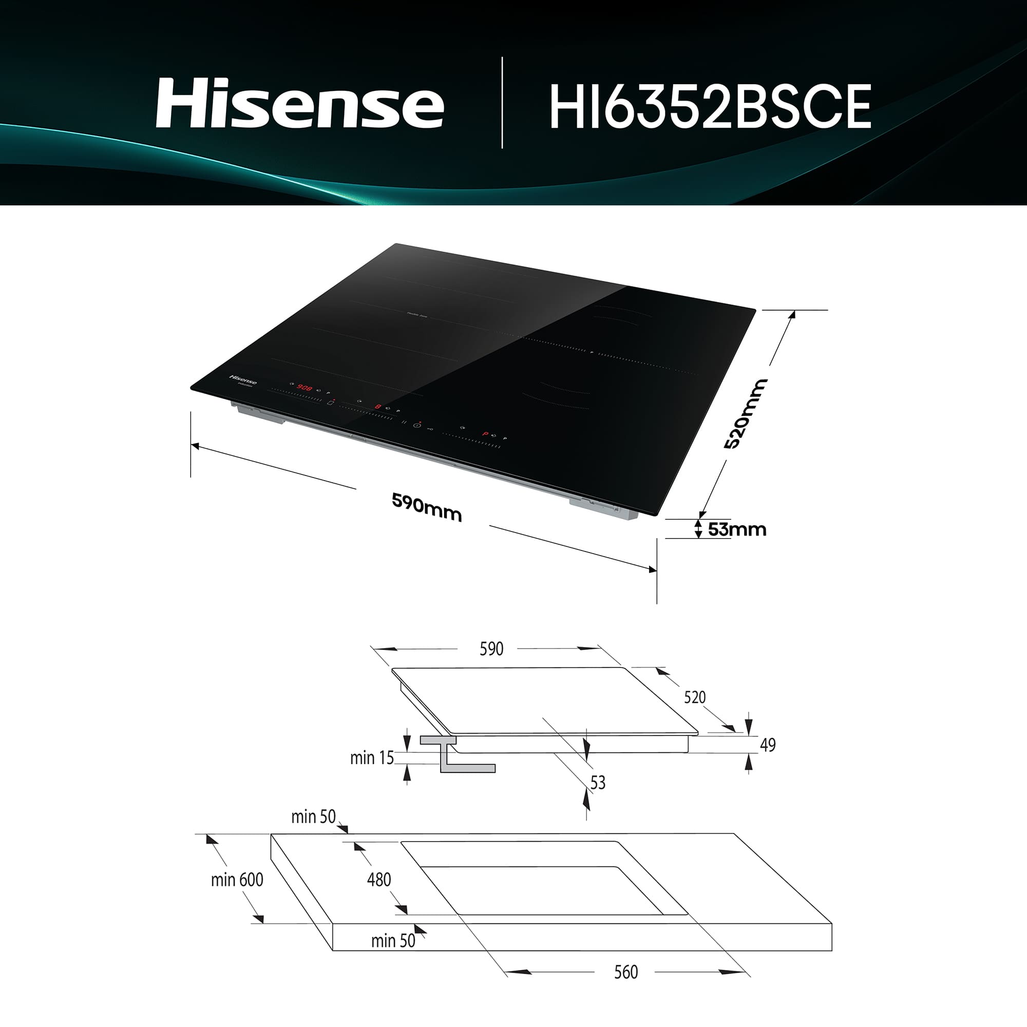 Hisense - HI6352BSCE – Placa Induccion Flex, 3 Zonas, Capacidad 7400W, Color Negro