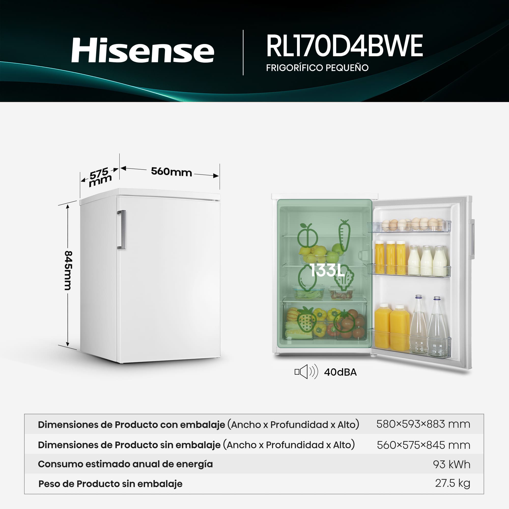 Hisense - RL170D4BWE – Frigorífico 1 Puerta De Libre Instalación, Clase E , Capacidad 133L, Color Blanco