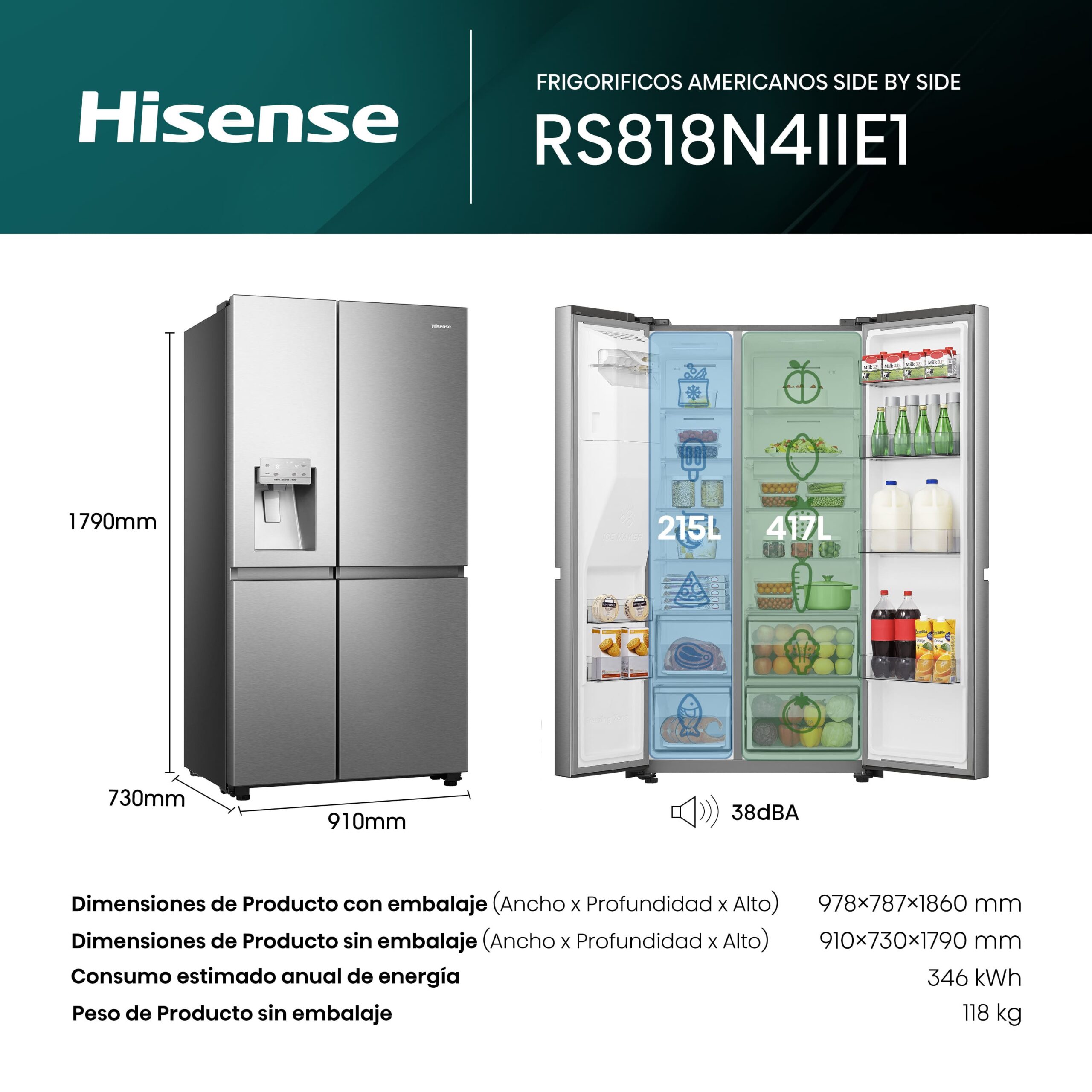 Hisense - RS818N4IIE1 – Frigorífico Americano Side By Side, Clase E , Capacidad 632L, Color Inox