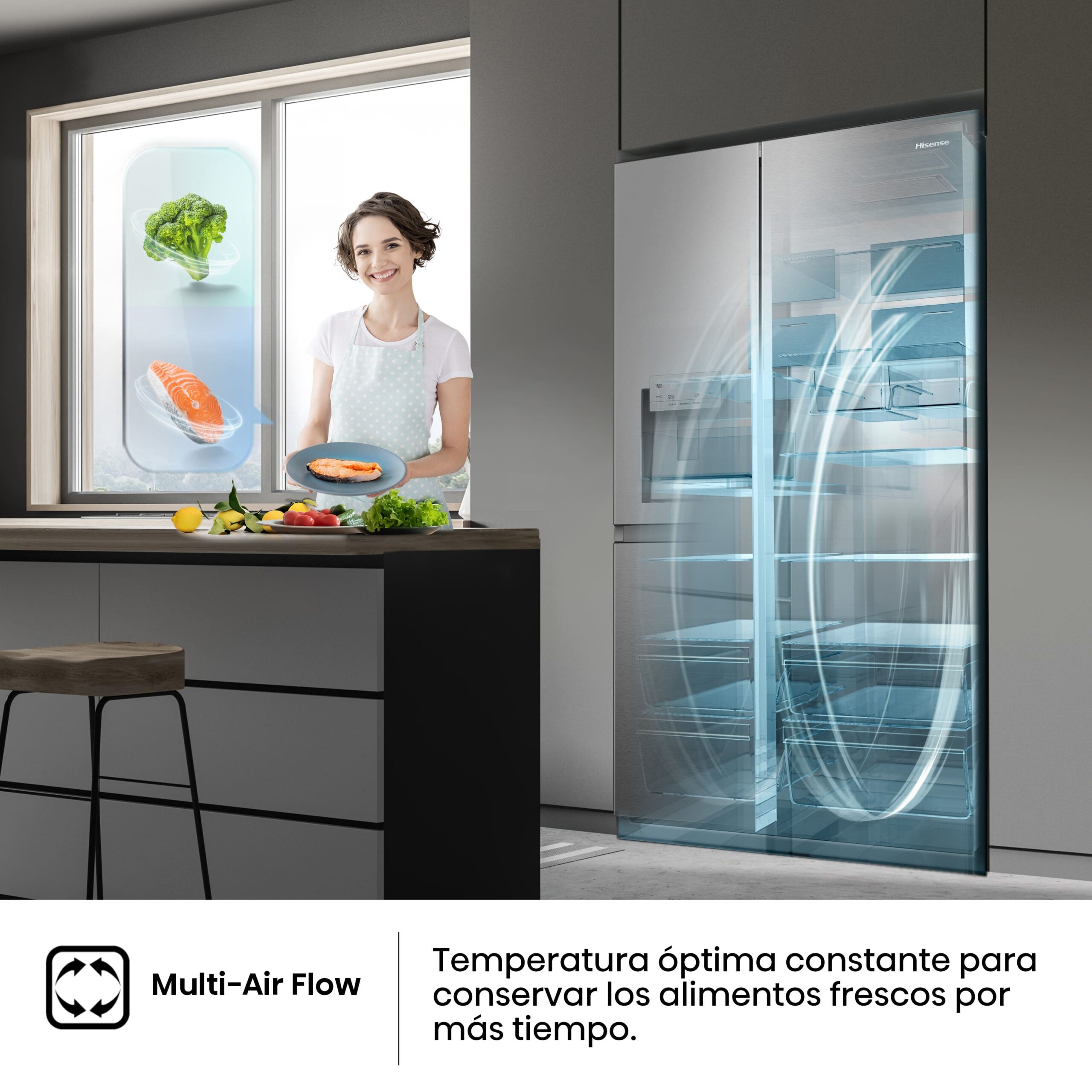 Hisense - RS818N4IIE1 – Frigorífico Americano Side By Side, Clase E , Capacidad 632L, Color Inox