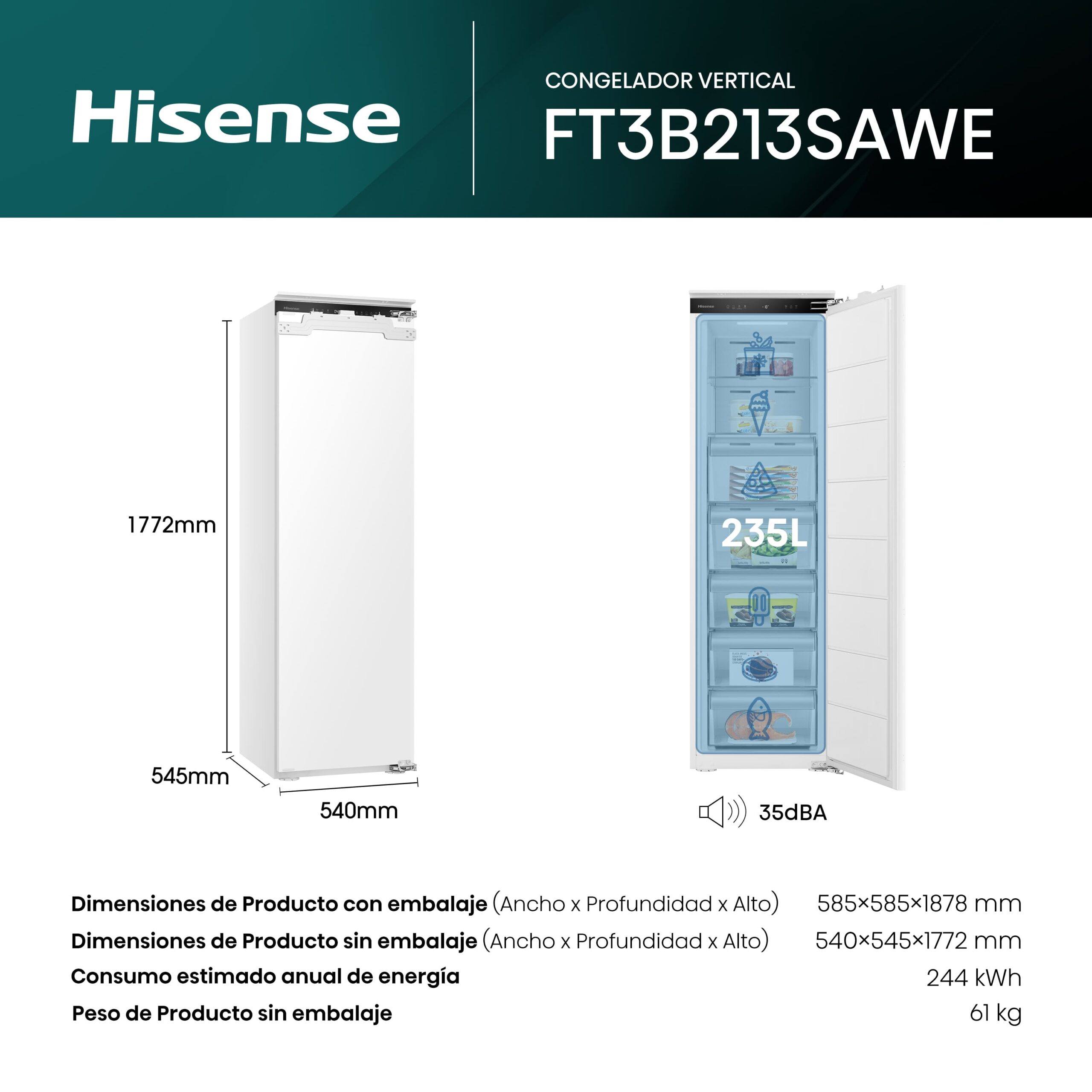 Hisense - FT3B213SAWE – Congelador 1 Puerta Integrable Puerta Fija, Clase E , 235L, Blanco