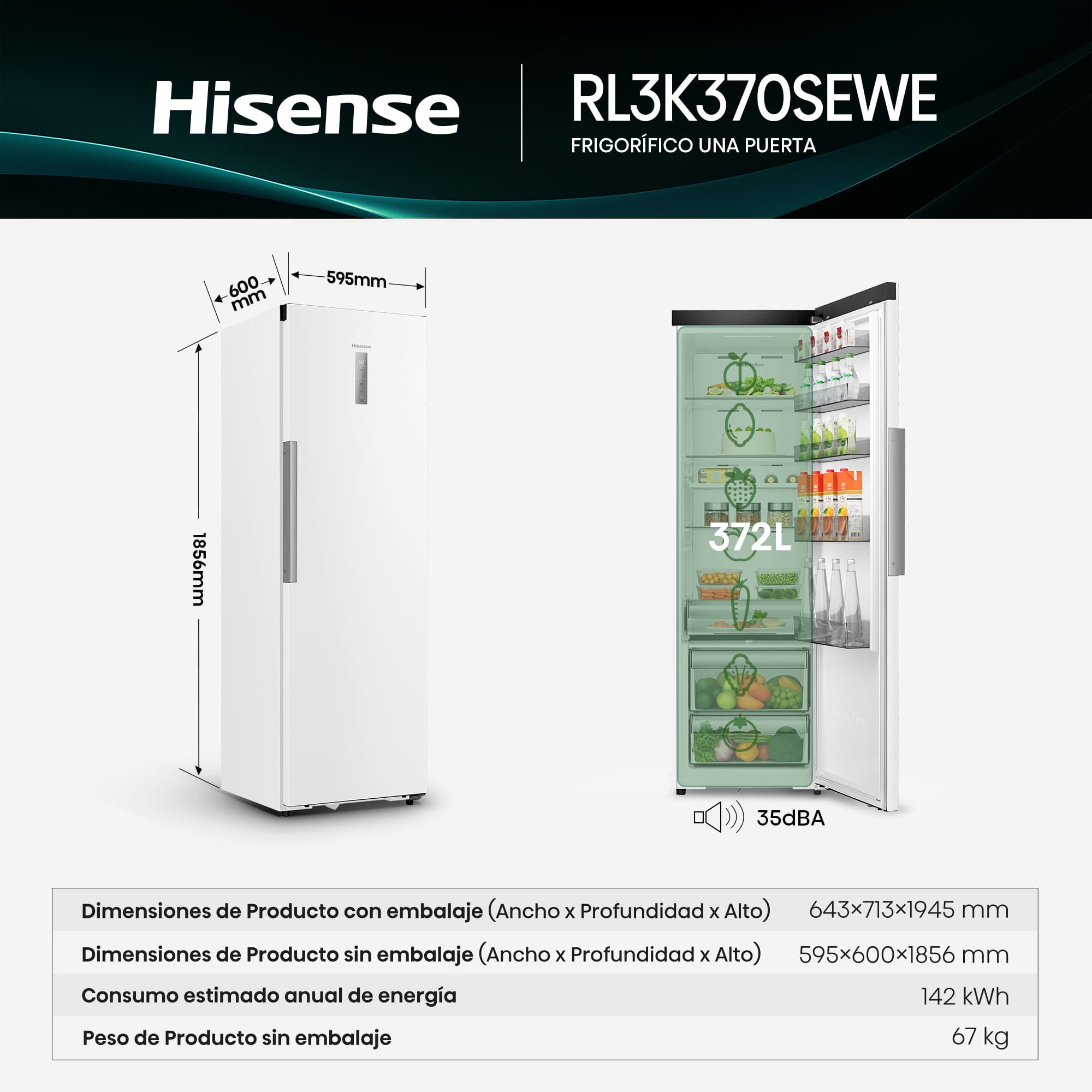 Hisense - RL3K370SEWE – Frigorífico 1 Puerta De Libre Instalación, Clase E, Capacidad 372L, Color Blanco