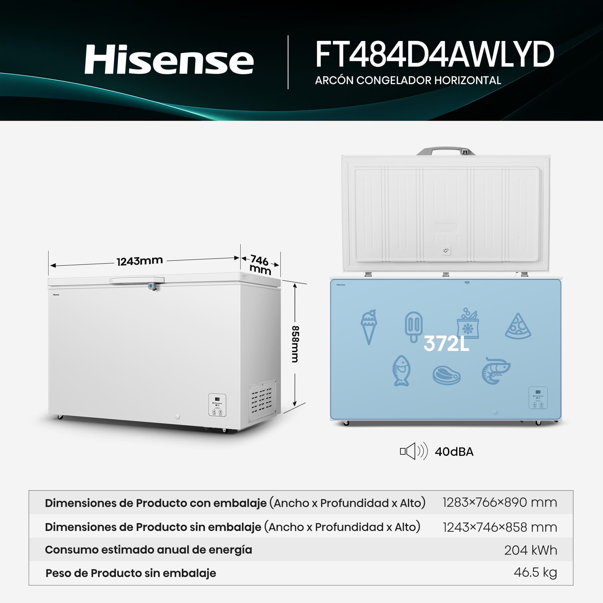 Hisense - FT484D4AWLYD – Arcón Congelador, Clase D, Capacidad 372L, Color Blanco