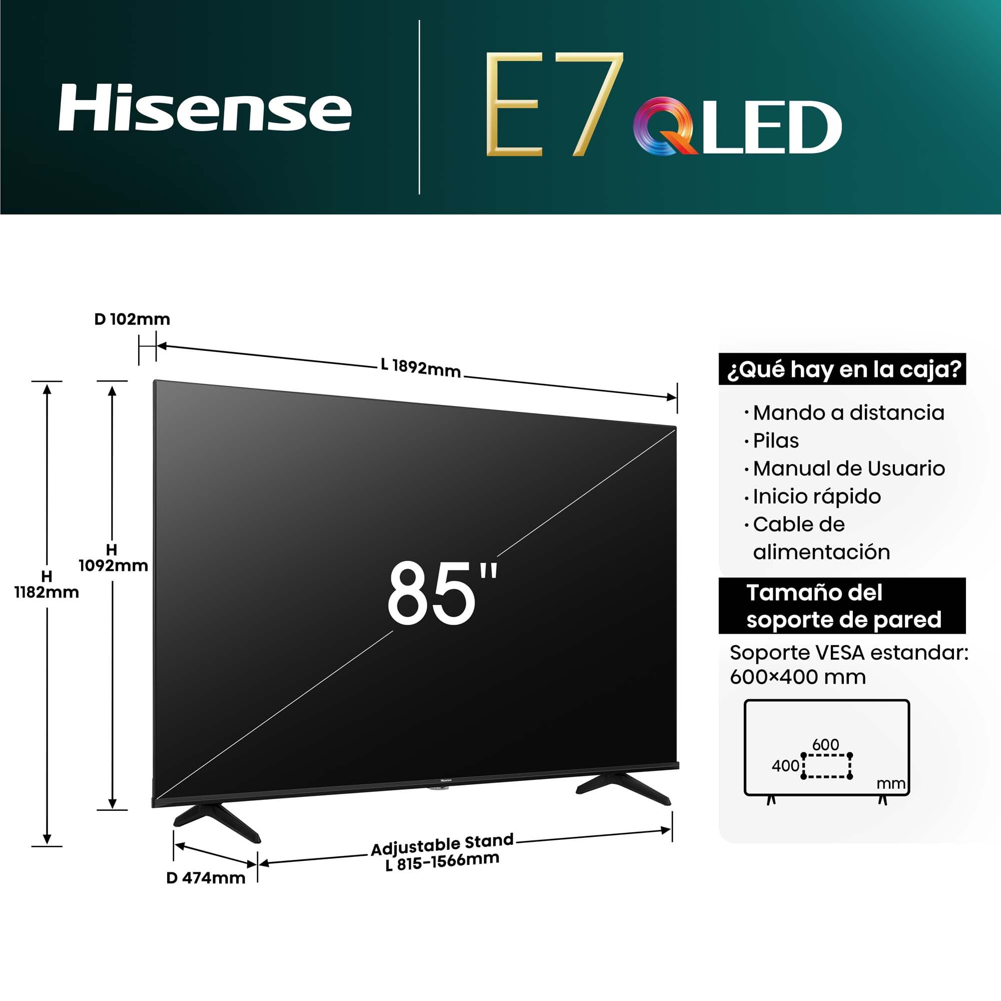 Hisense - Serie E7NQ QLED TV 85E7NQ Smart TV 85 pulgadas con Quantum Dot Colour