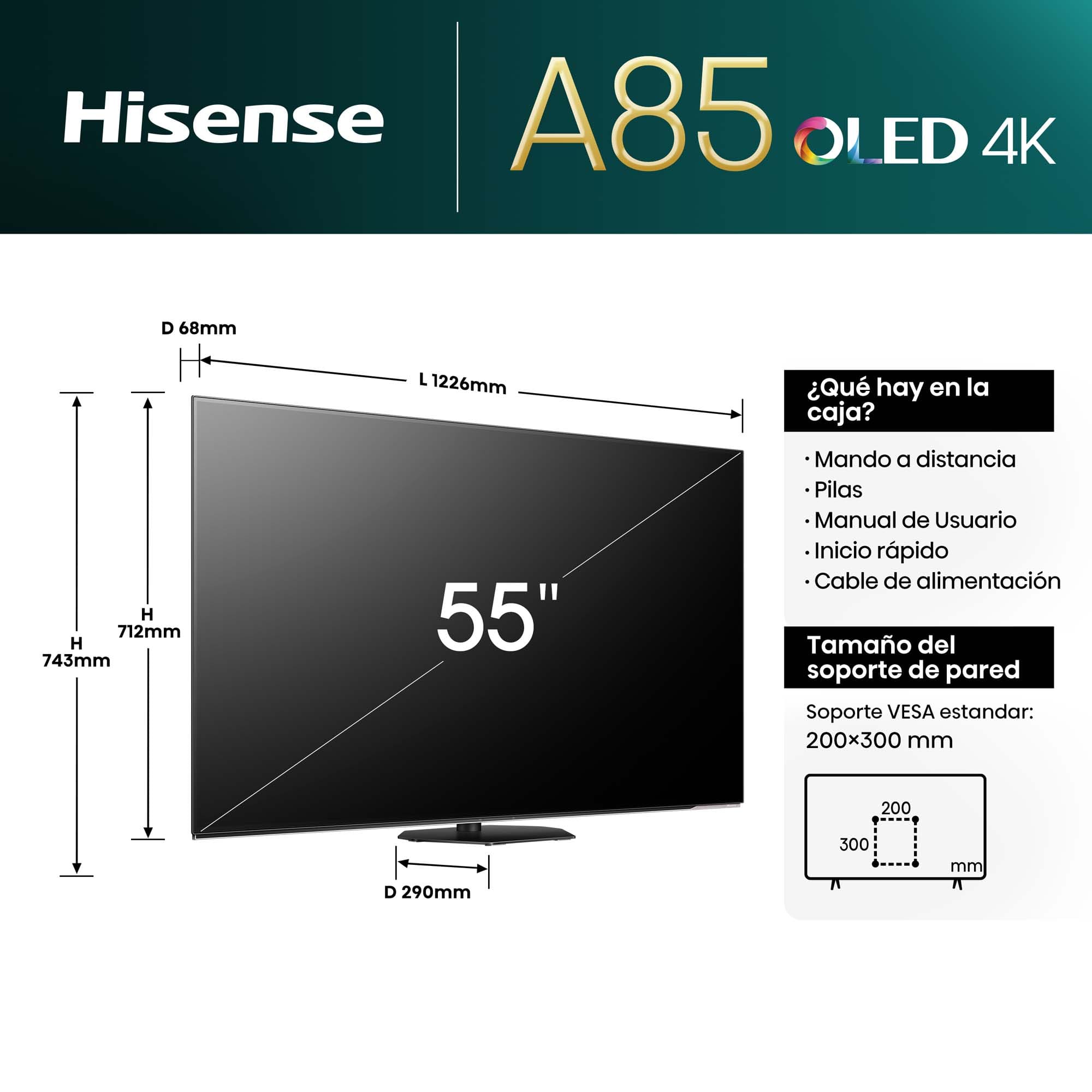 Hisense - OLED TV 55A85N, Negros infinitos, 120 Hz, Solución HDR total