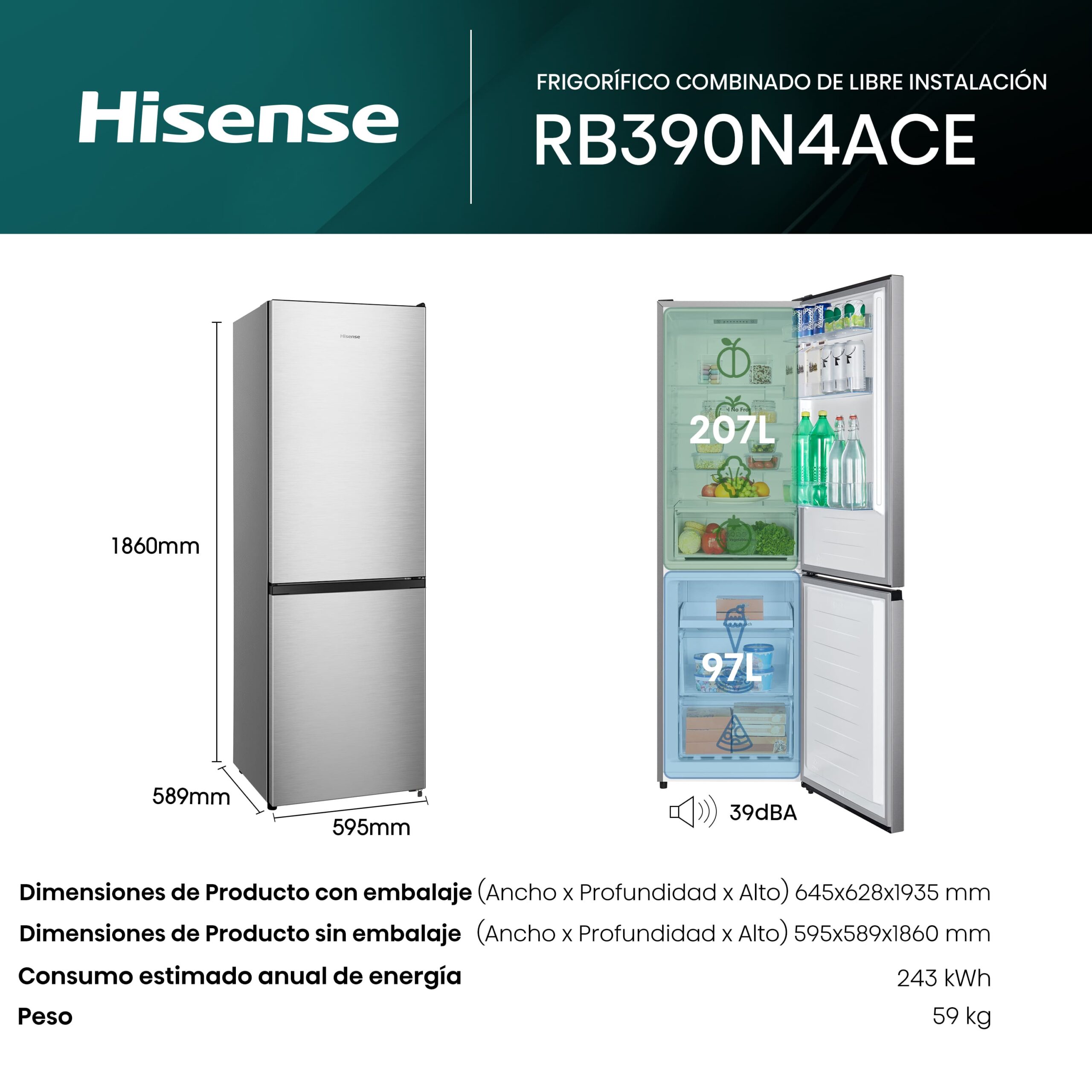 Hisense - RB390N4ACE – Frigorífico Combi 2 Puertas, Clase E, 304L, Inox