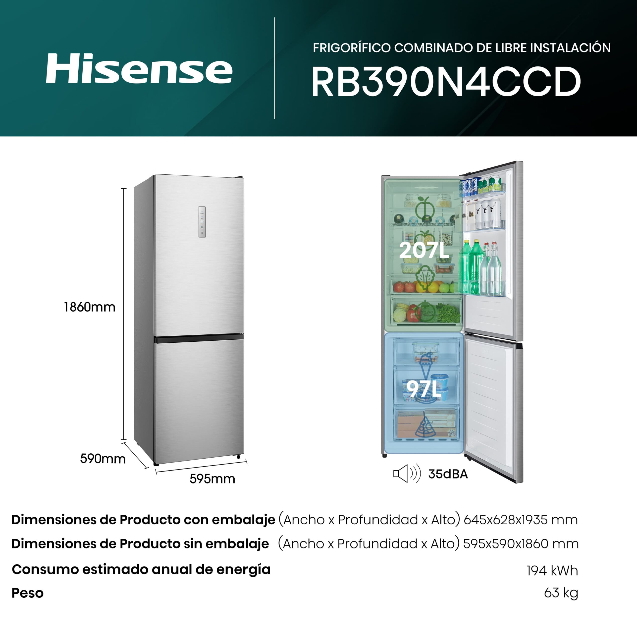 Hisense - RB390N4CCD – Frigorífico Combi 2 Puertas, Clase D , 304L, Inox