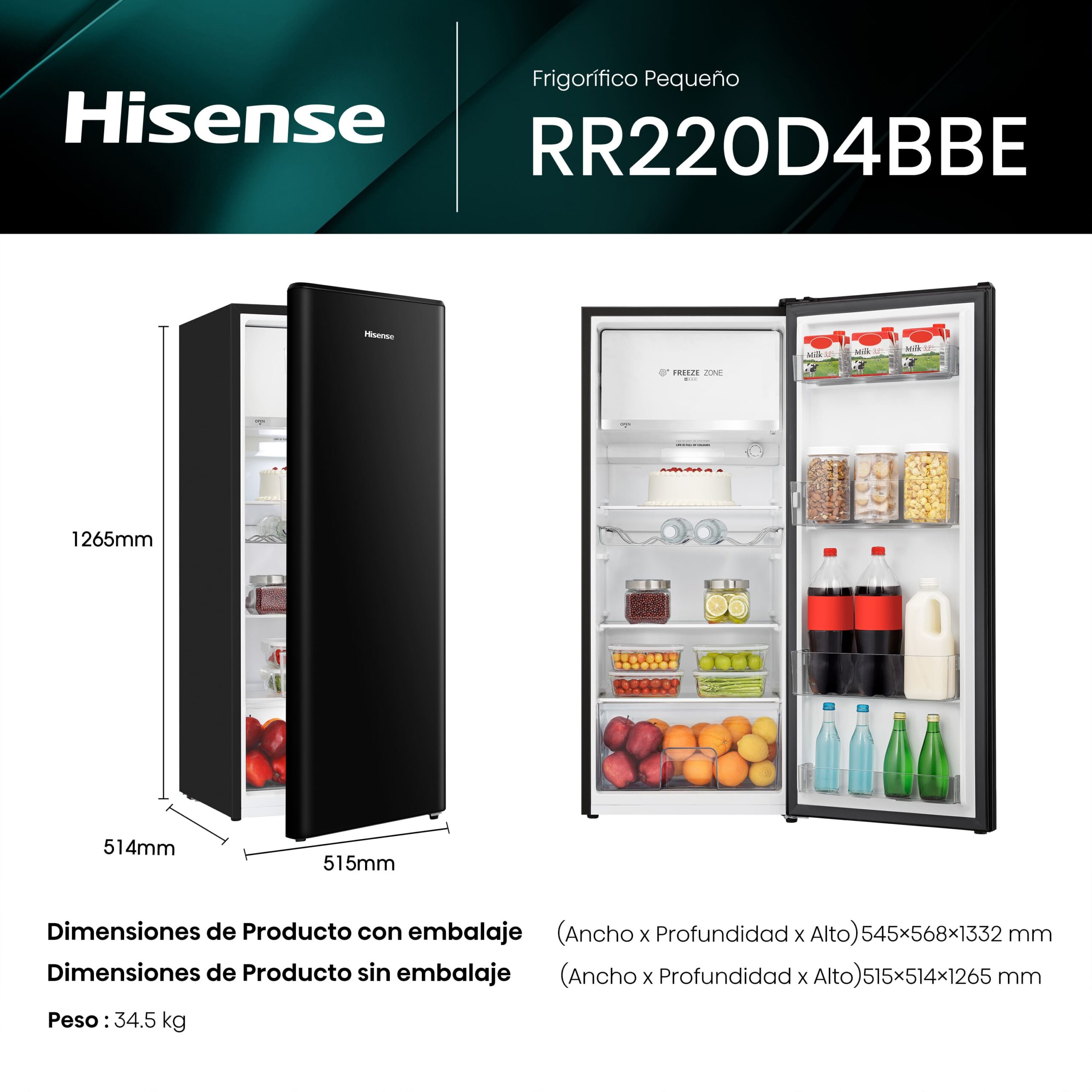 Hisense - RR220D4BBE – Frigorífico 1 Puerta, Clase E, 165L, Negro