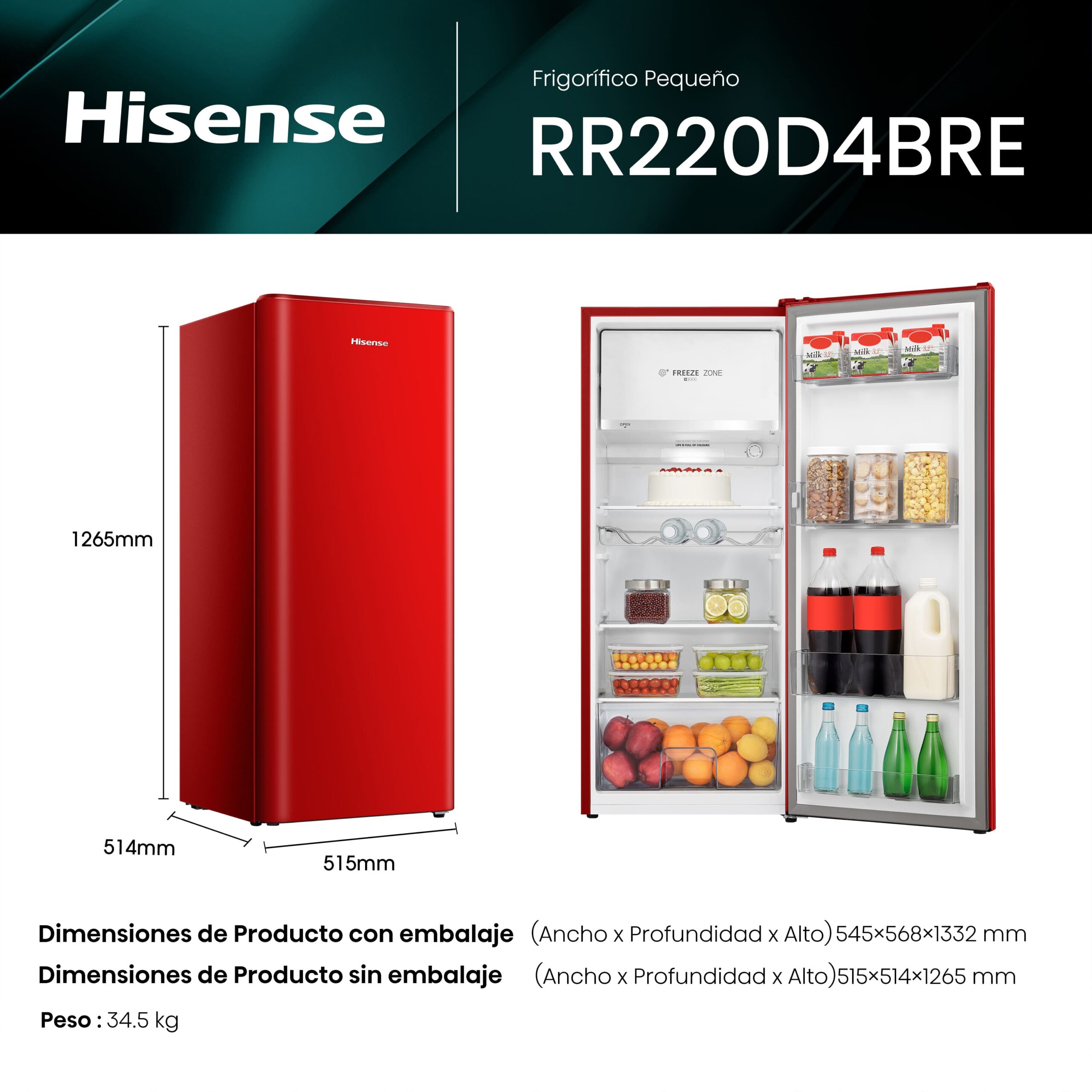 Hisense - RR220D4BRE – Frigorífico 1 Puerta, Clase E, 165L, Rojo