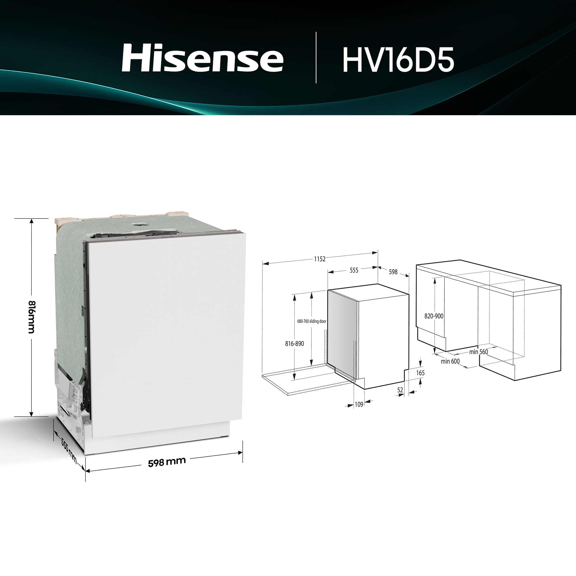 Hisense - HV16D5 – Lavavajillas 60Cm de Encastre, Clase D, Capacidad 16 servicios