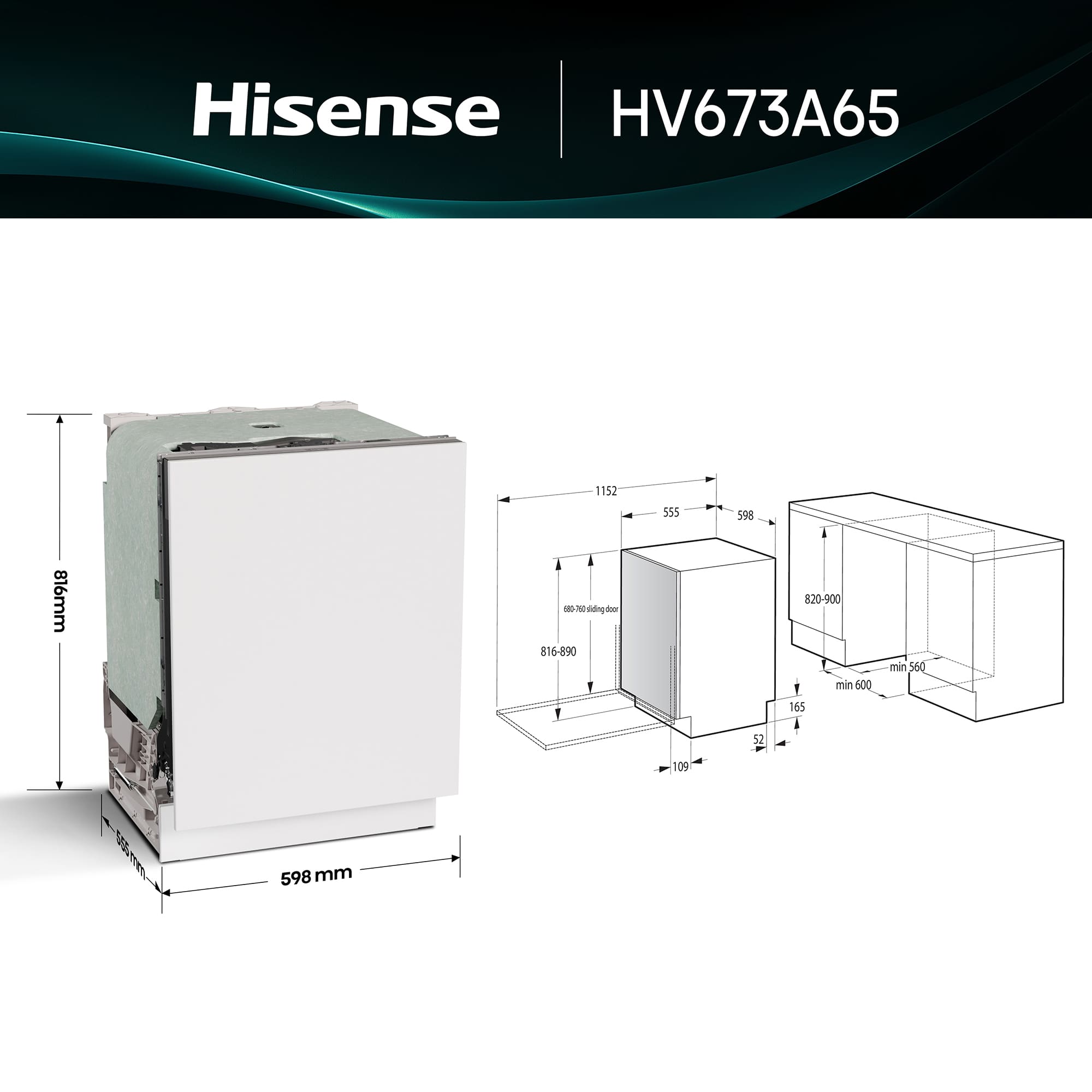 Hisense - HV673A65 – Lavavajillas 60Cm de Encastre, Clase A, Capacidad 16 servicios