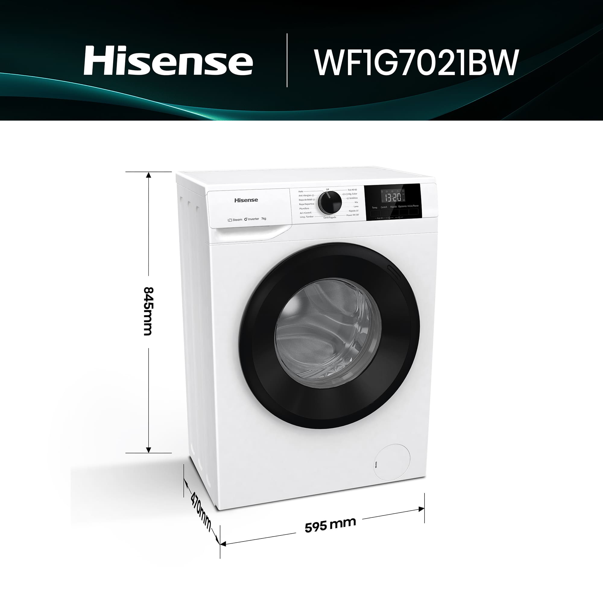 Hisense - WF1G7021BW – Lavadora De Libre Instalación, Clase B, Capacidad 7 Kg, 1200 rpm, Color Blanco