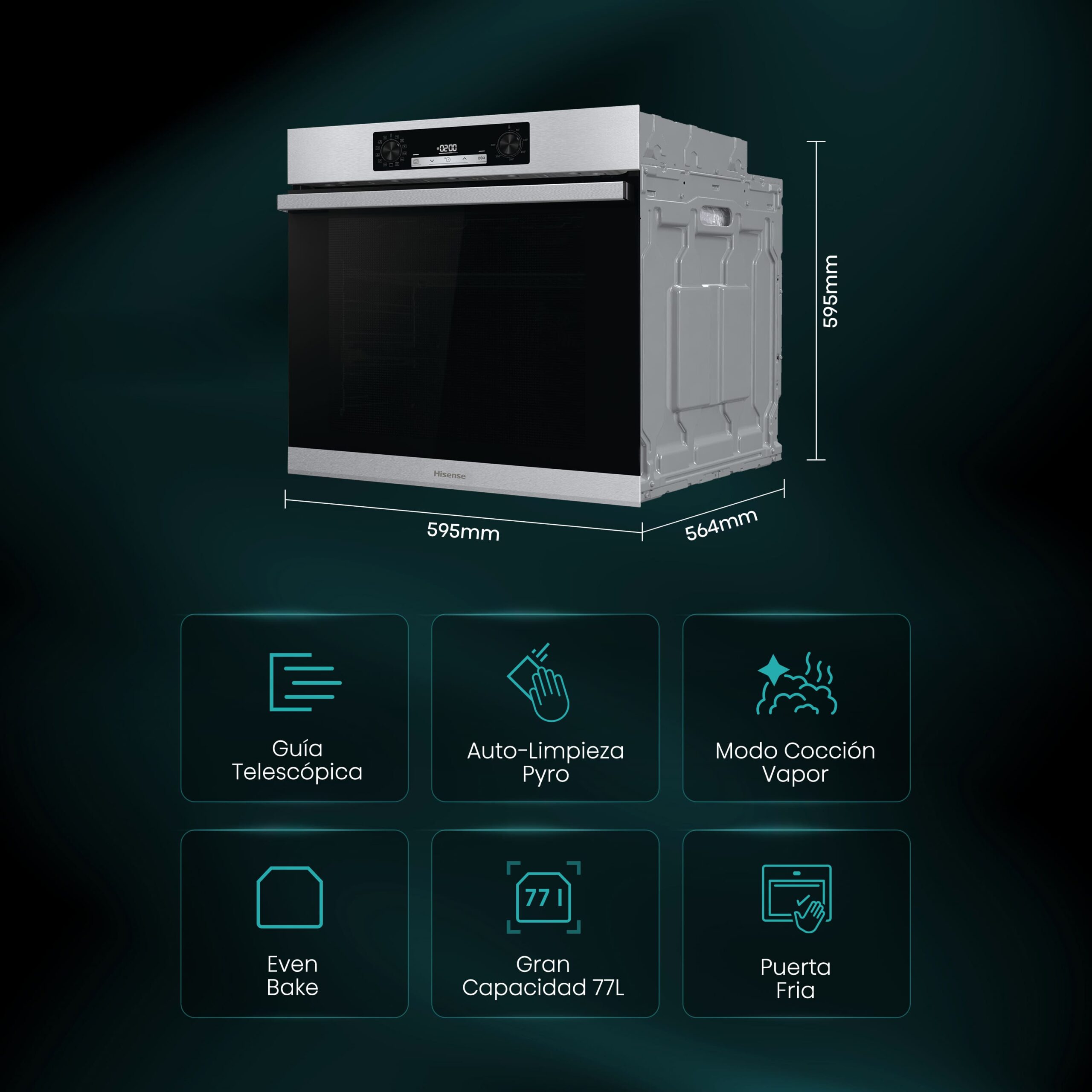 Hisense - BSA65226AX – Horno Hidrolítico, Cocción Vapor Añadido, Clase A, 77L, Gris Inox