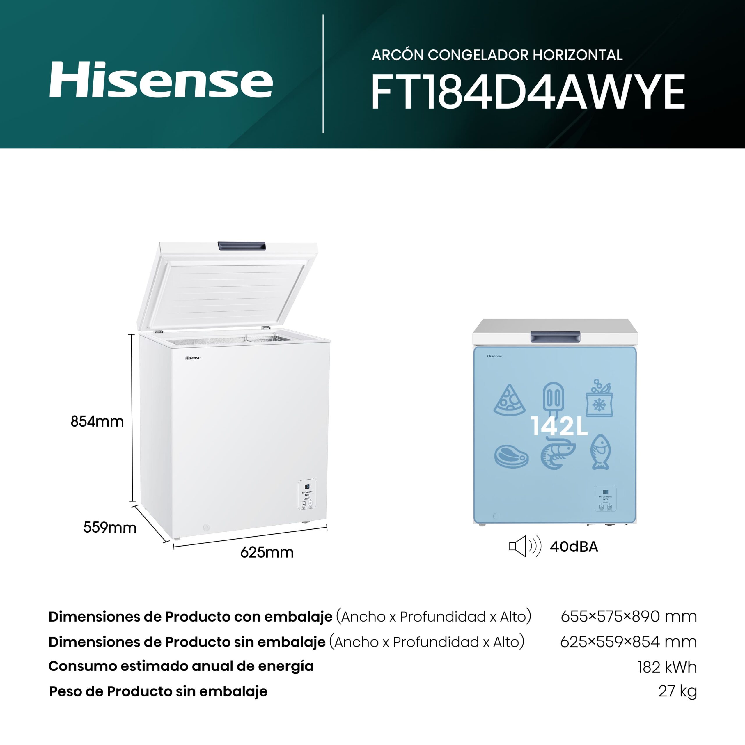 Hisense - FT184D4AWYE – Arcón Congelador, Clase E, 142L, Blanco