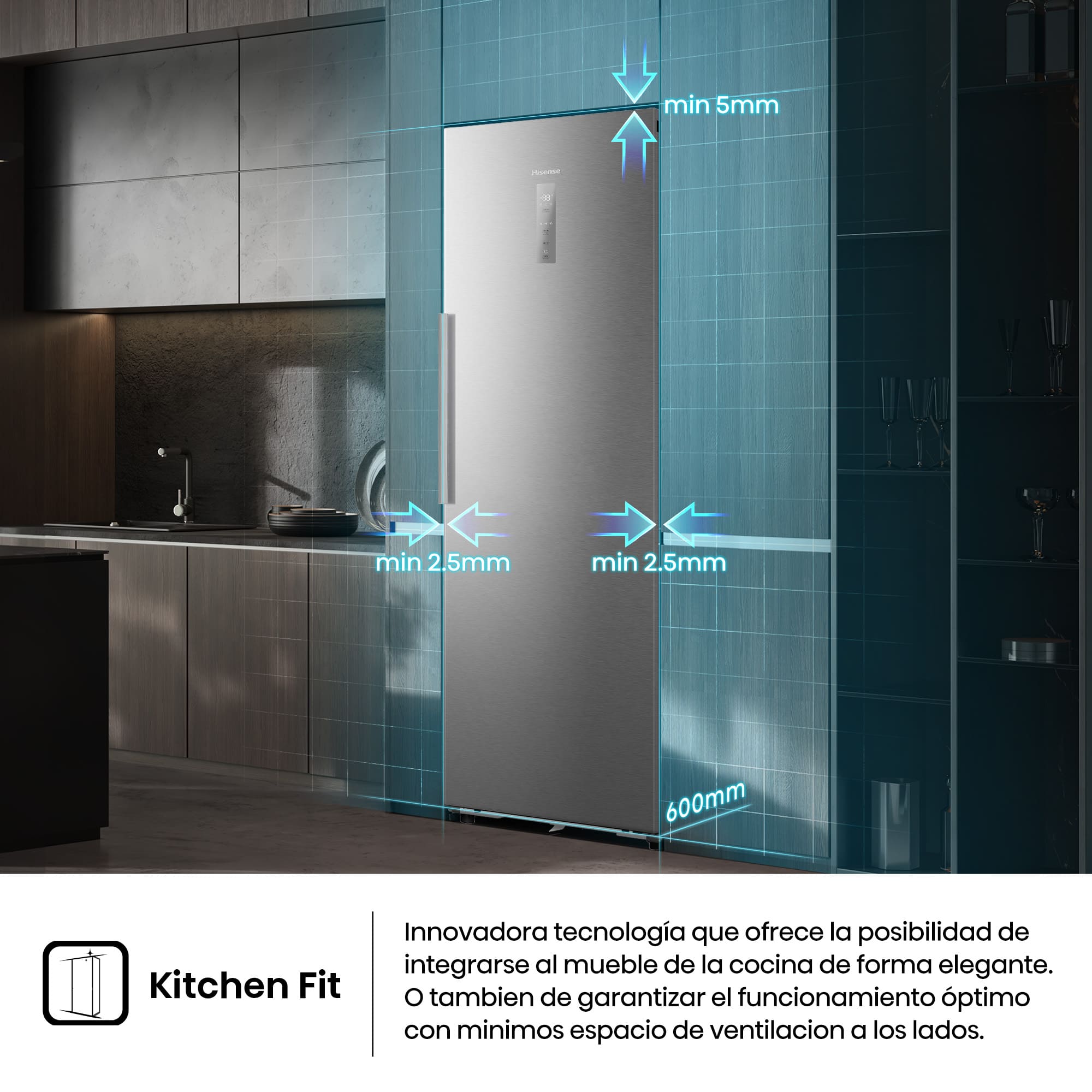 Hisense - RL3K370SAIE – Frigorífico 1 Puerta De Libre Instalación Kitchen Fit, Clase E, Capacidad 372L, Color Inox