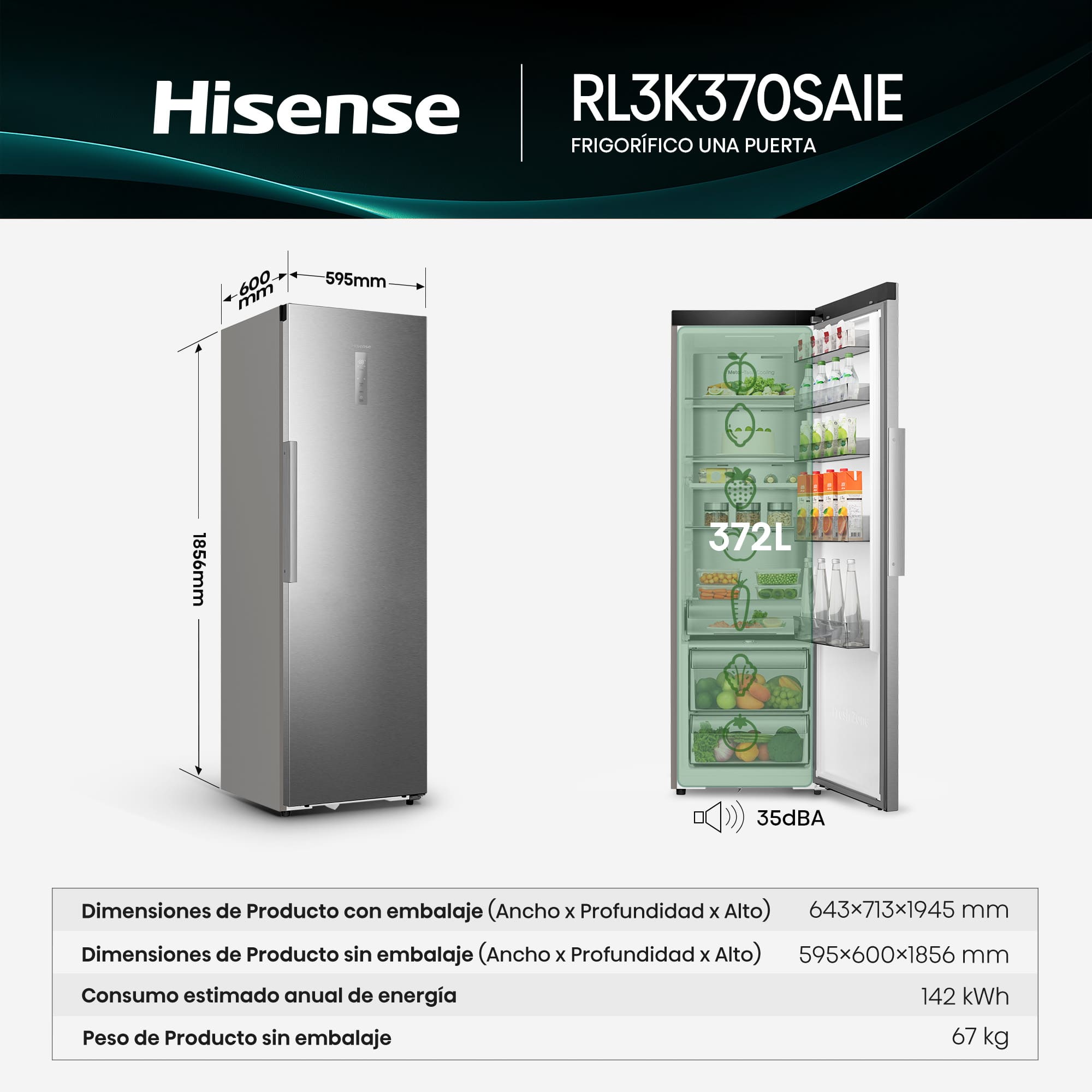 Hisense - RL3K370SAIE – Frigorífico 1 Puerta De Libre Instalación Kitchen Fit, Clase E, Capacidad 372L, Color Inox