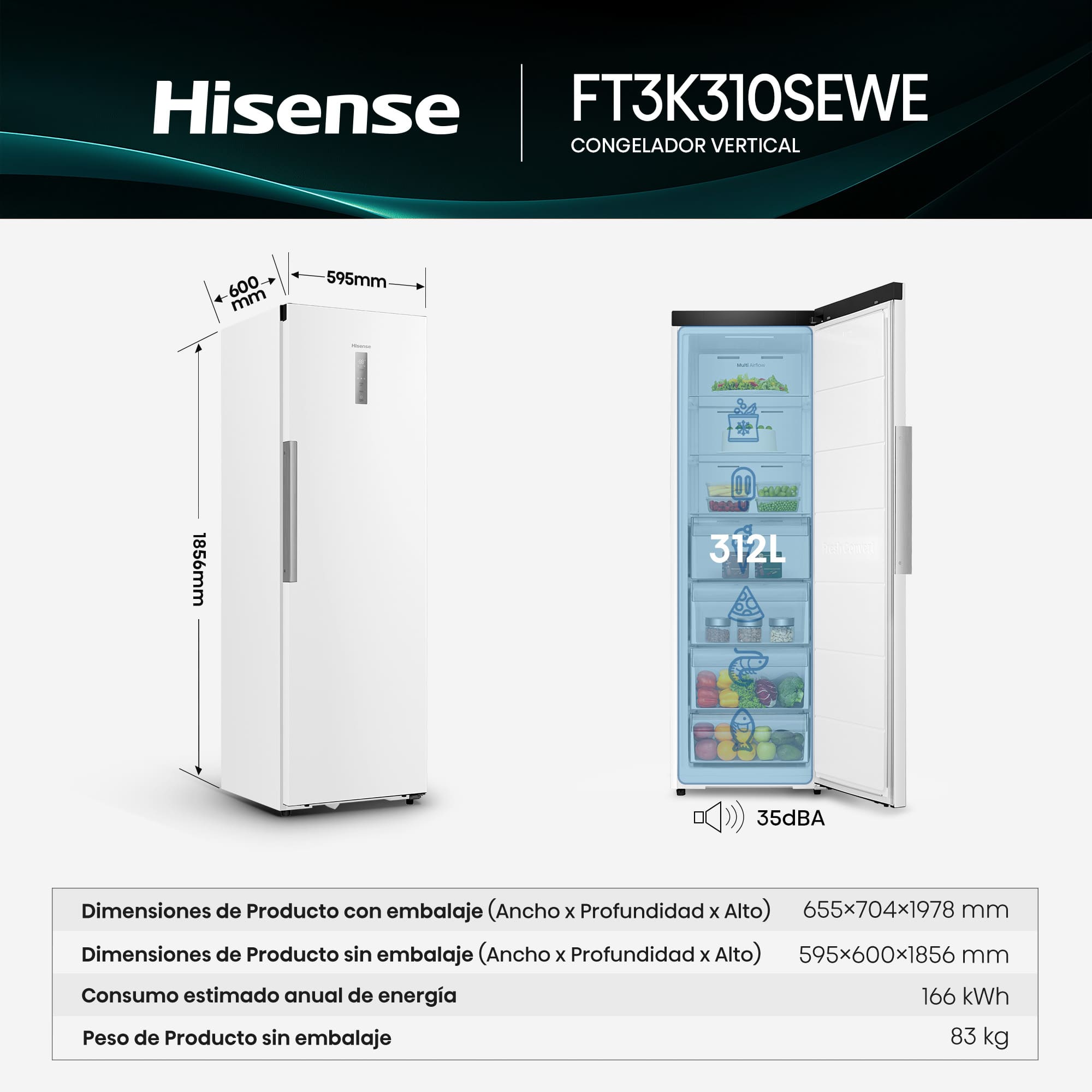 Hisense - FT3K310SEWE – Congelador 1 Puerta De Libre Instalación Kitchen Fit, Clase E, Capacidad 312L, Color Blanco