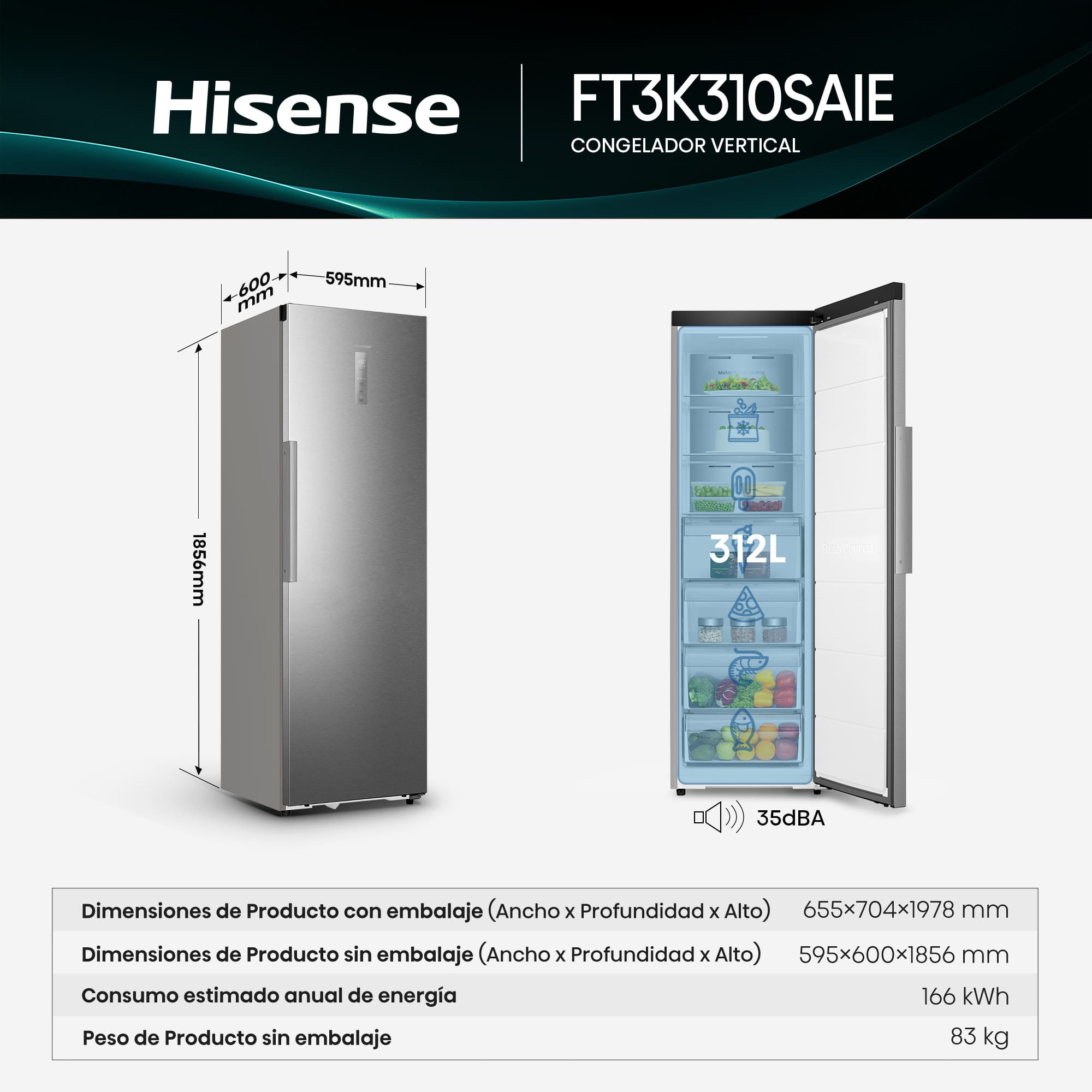 Hisense - FT3K310SAIE – Congelador 1 Puerta De Libre Instalación Kitchen Fit, Clase E, Capacidad 312L, Color Inox