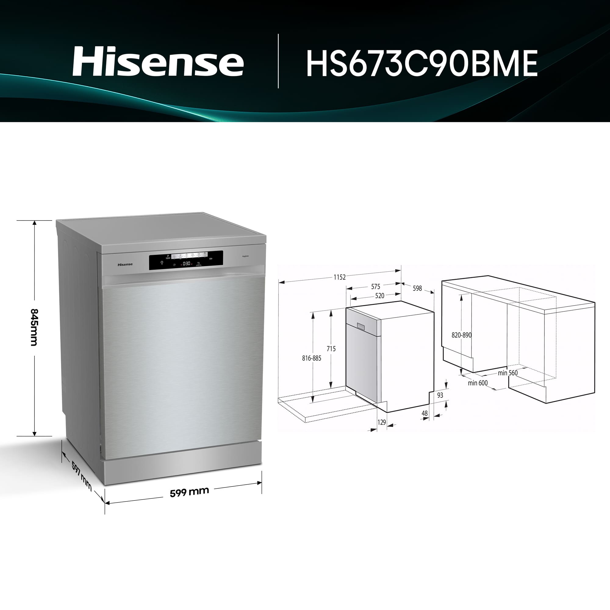 Hisense - HS643C90X – Lavavajillas 60Cm de Libre Instalación, Clase C, Capacidad 16 servicios, Color Inox